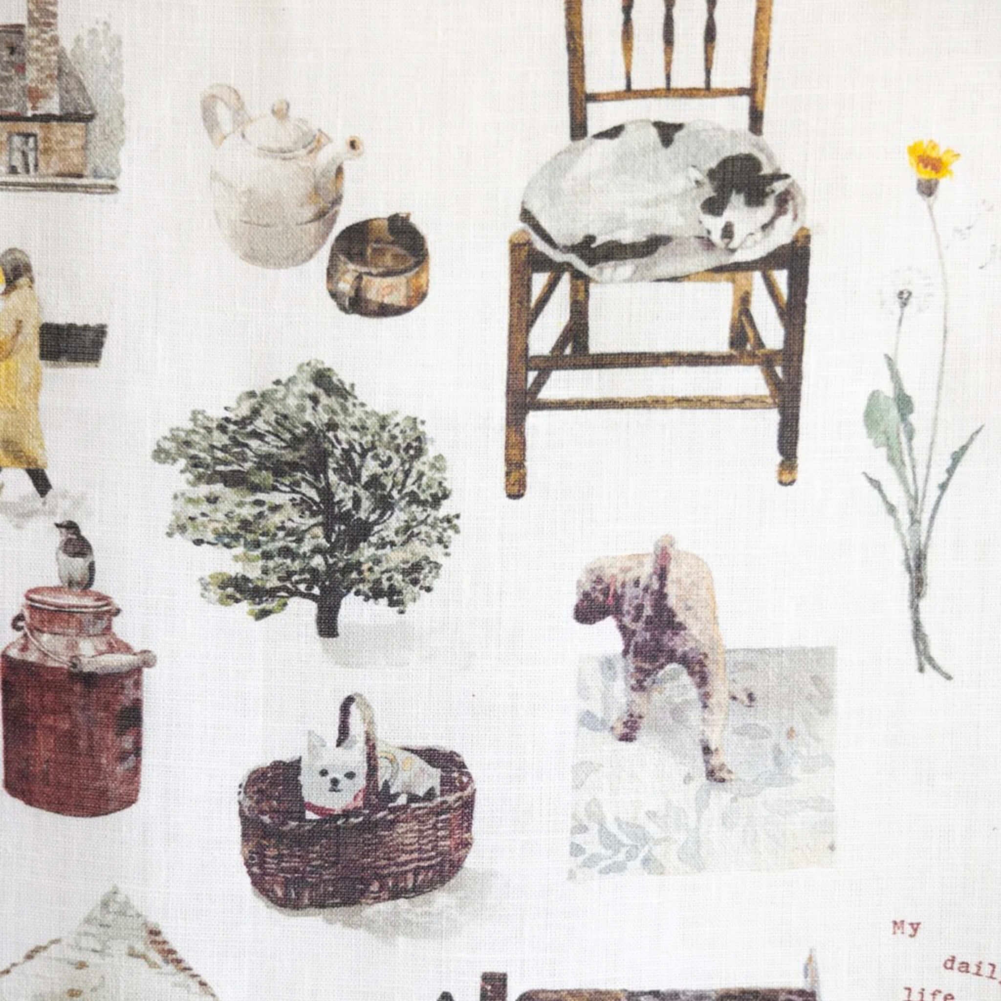 Patterned fabric with winter-themed illustrations including a dog, cat, chair, and trees.