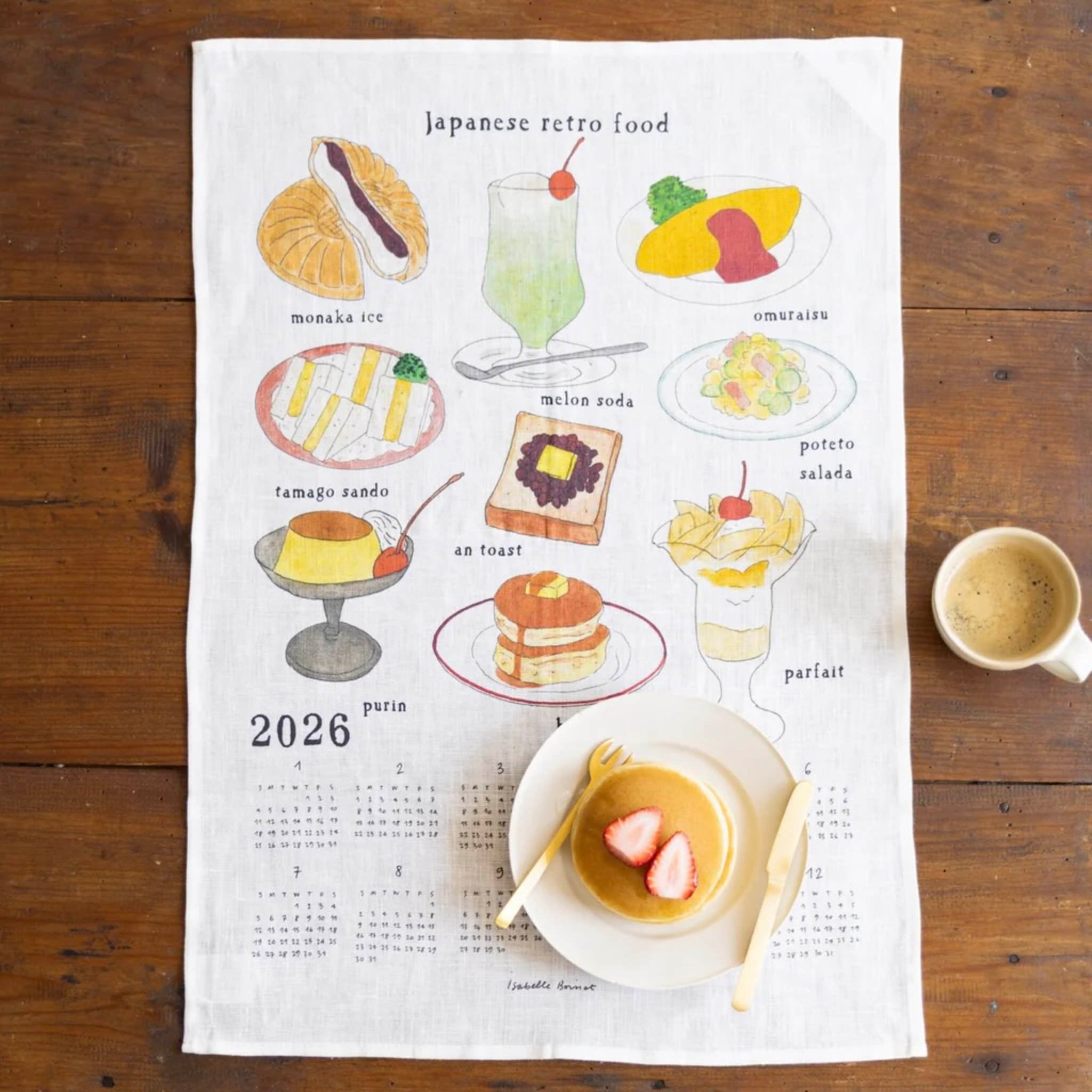 Calendar with illustrations of Japanese retro food on a wooden surface