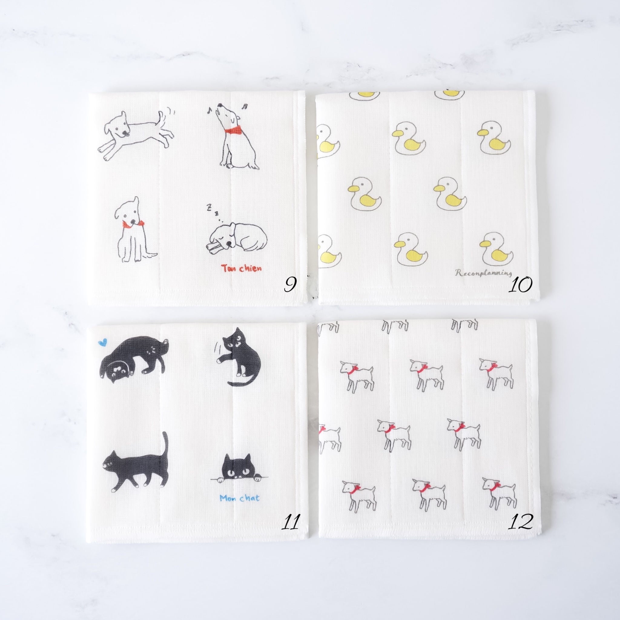 Japanese kaya dishcloths, dog, cat, duck, goat patterns