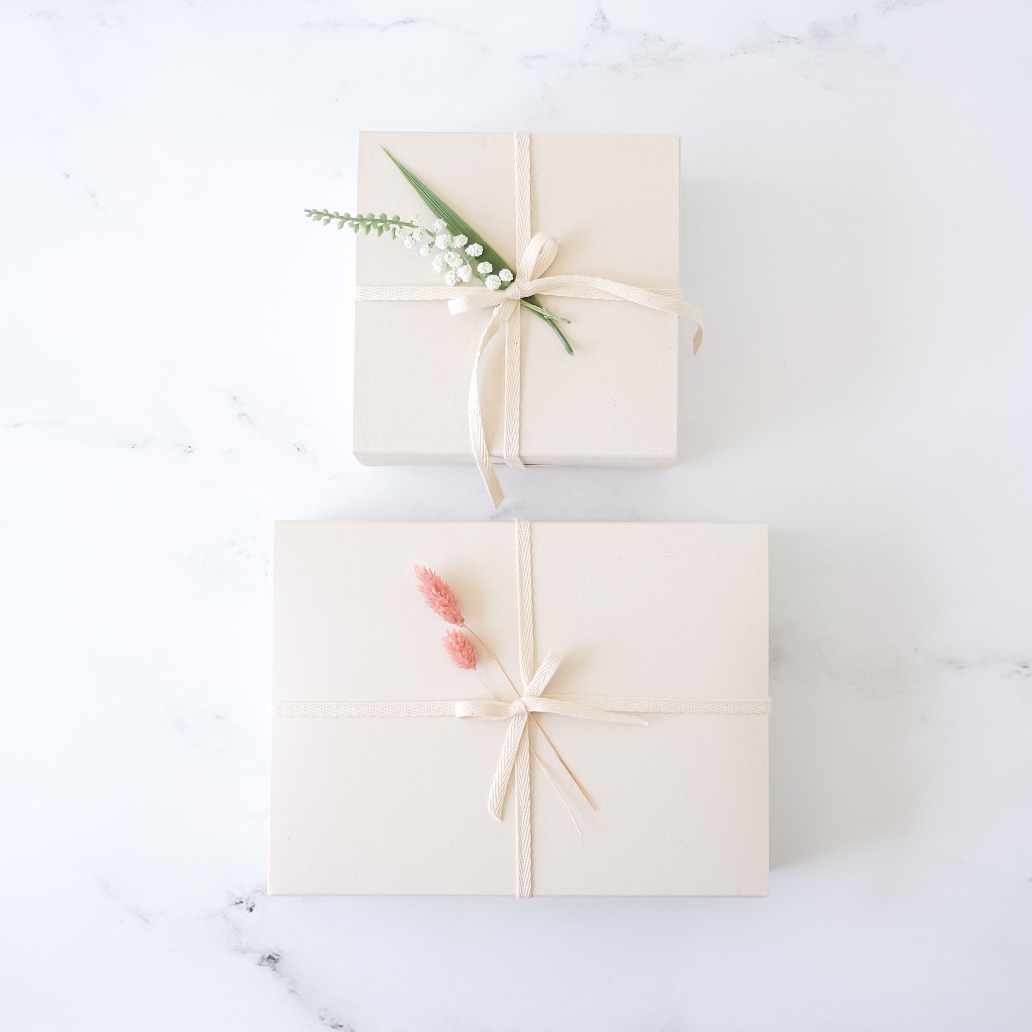 Two cream-colored gift boxes with decorative ribbons and small plants on a white background
