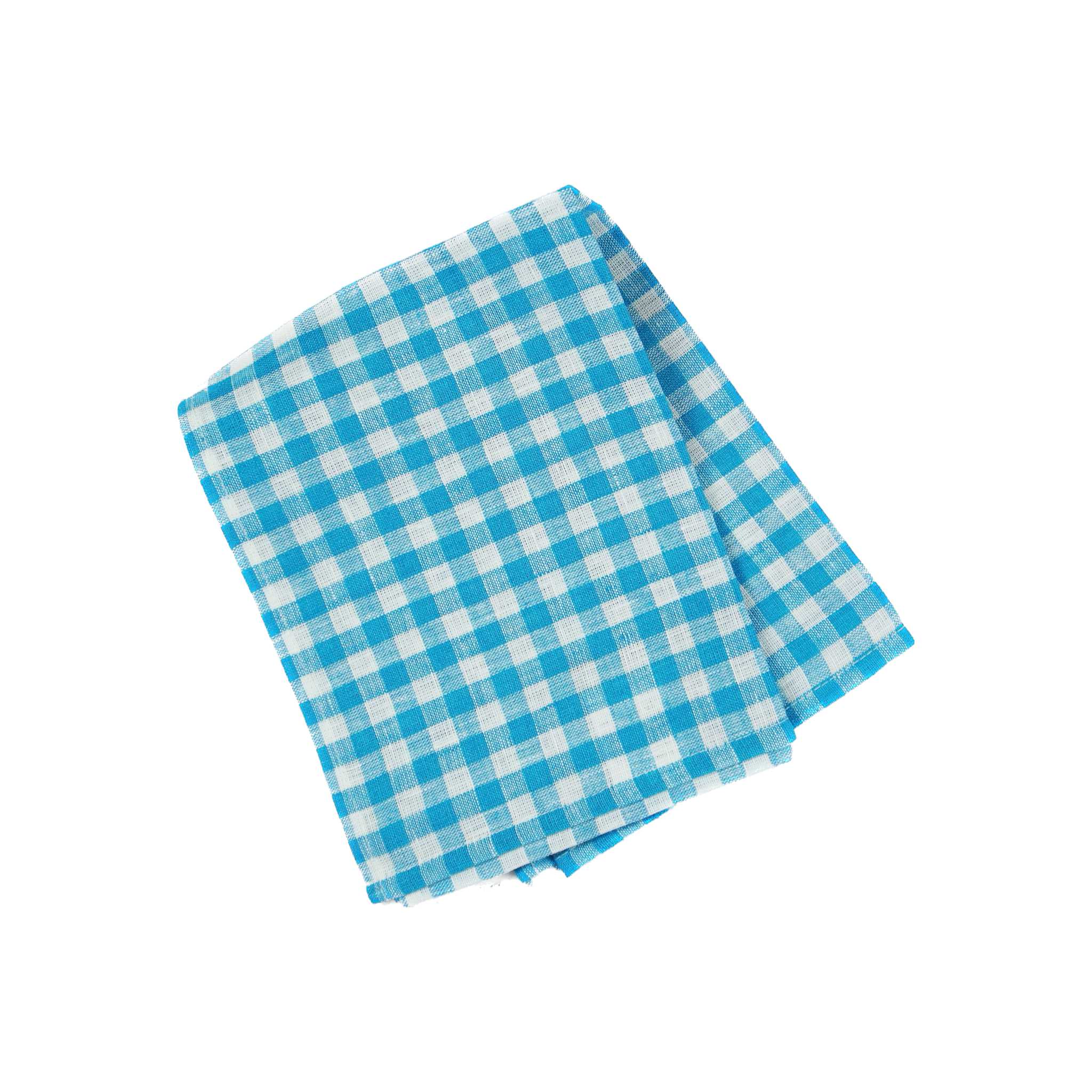 A blue and white checkered linen dishcloth laid out on a flat surface.