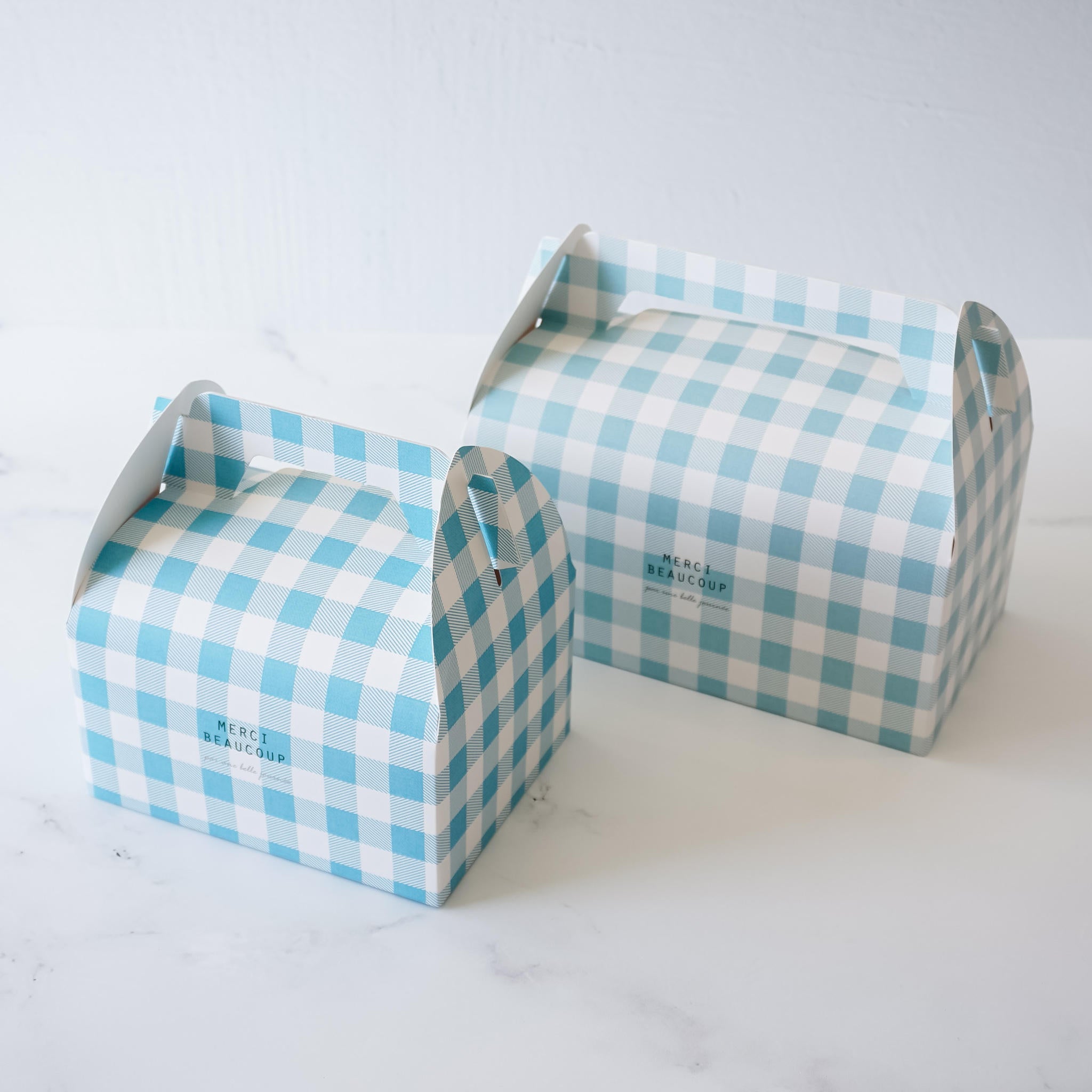 Two blue and white gingham gift boxes with handles. The boxes have the text &