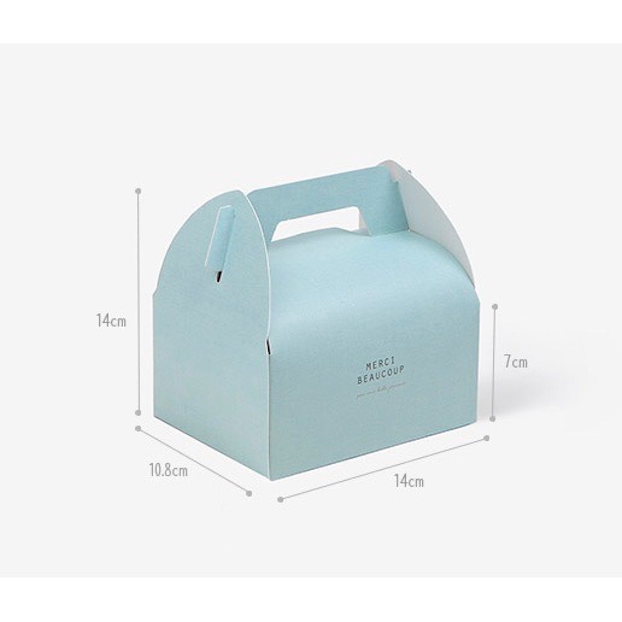 A light blue cardboard box with a handle. The box is 14cm wide, 10.8cm long, and 7cm tall. The box has the words &