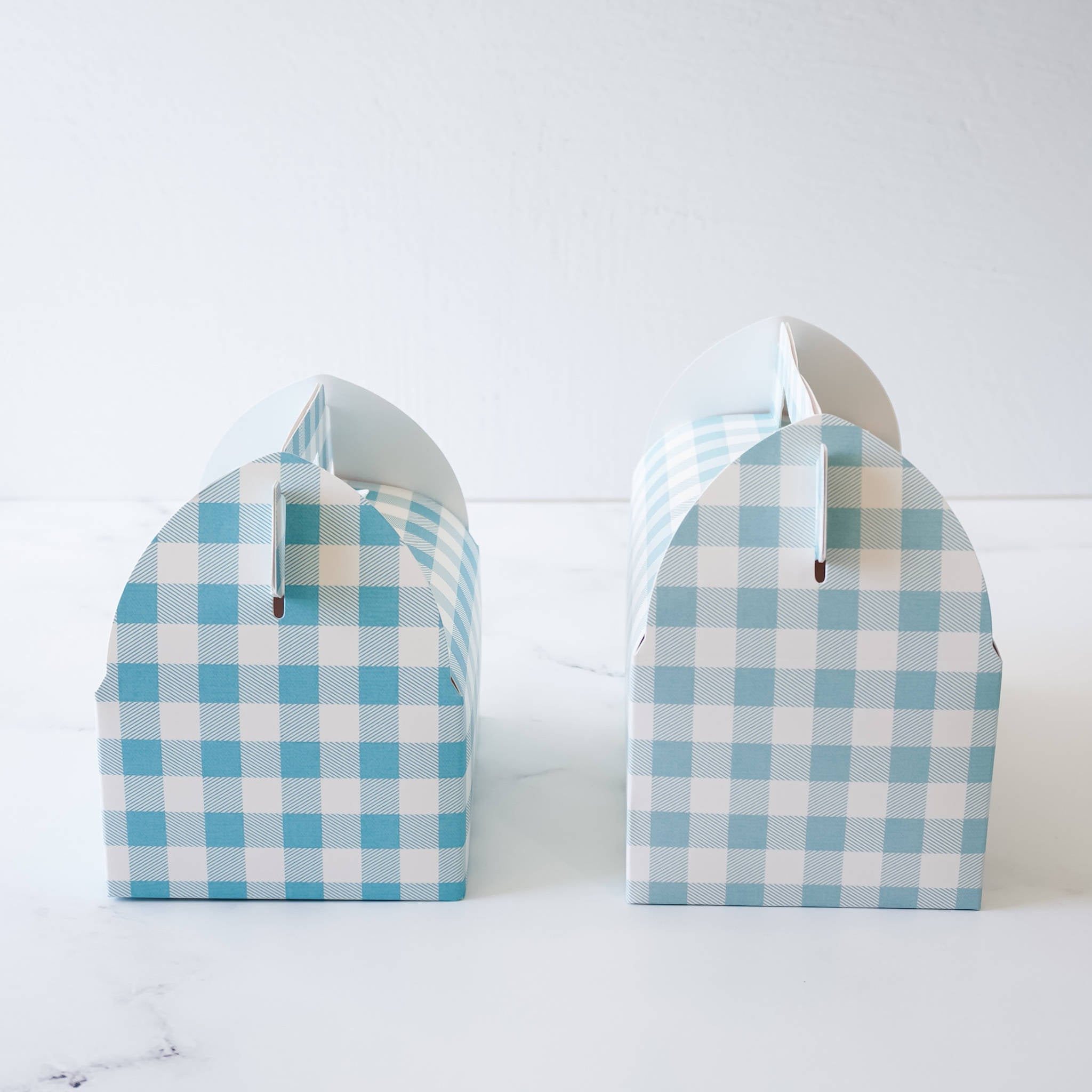 Two blue and white gingham gift boxes with handles. The boxes are empty and ready to be filled with gifts.