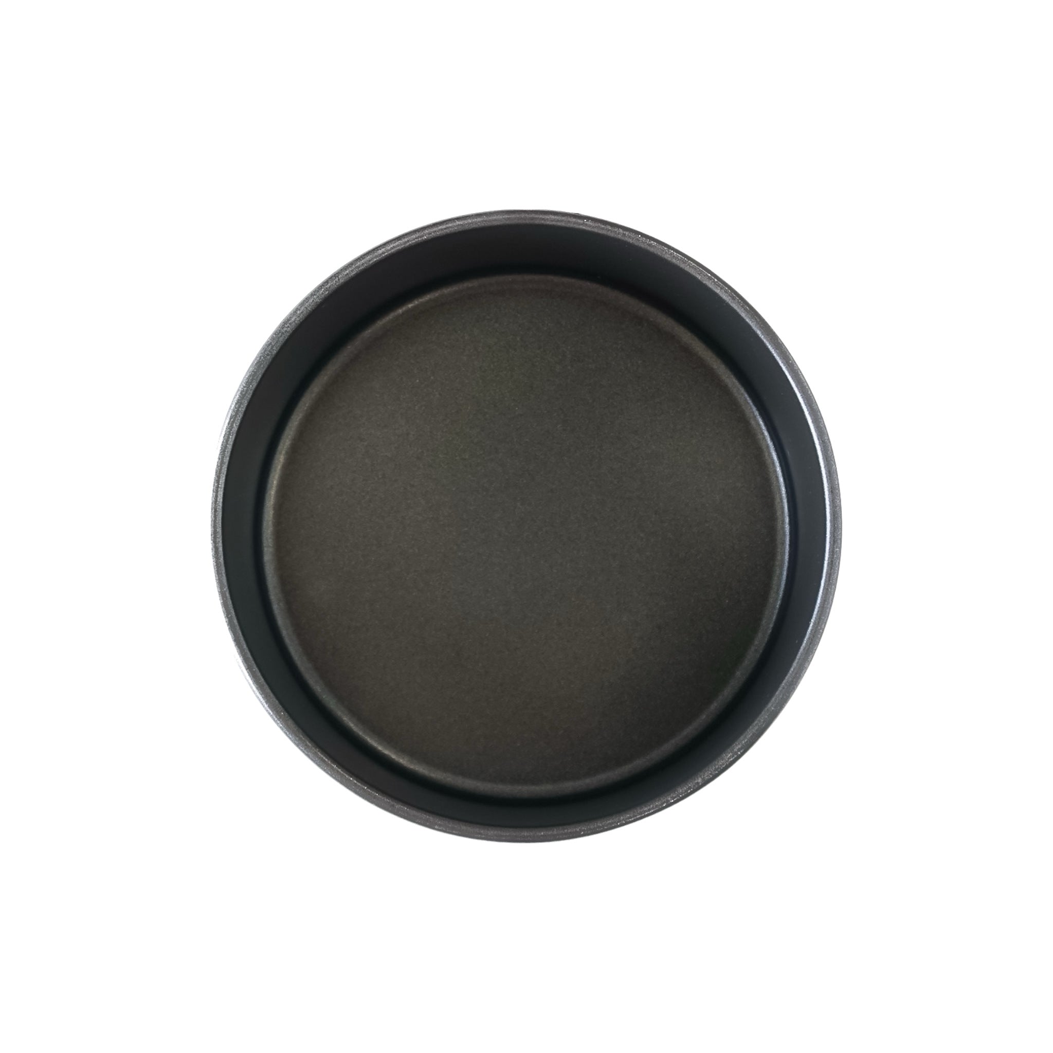 A black round cake pan with a non-stick surface.