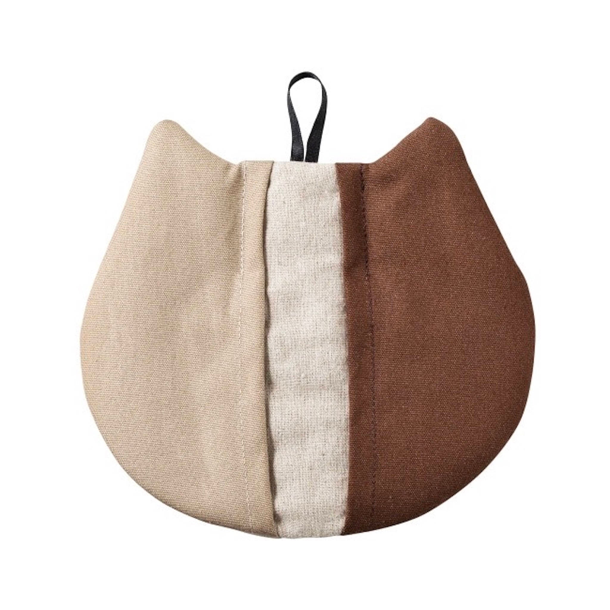 cat potholder, linen oven mitt in beige and brown