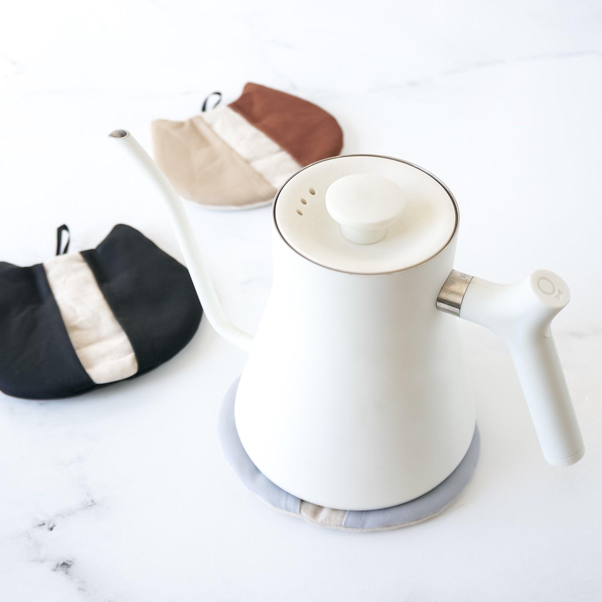 cat shaped trivet, linen potholder in powder blue