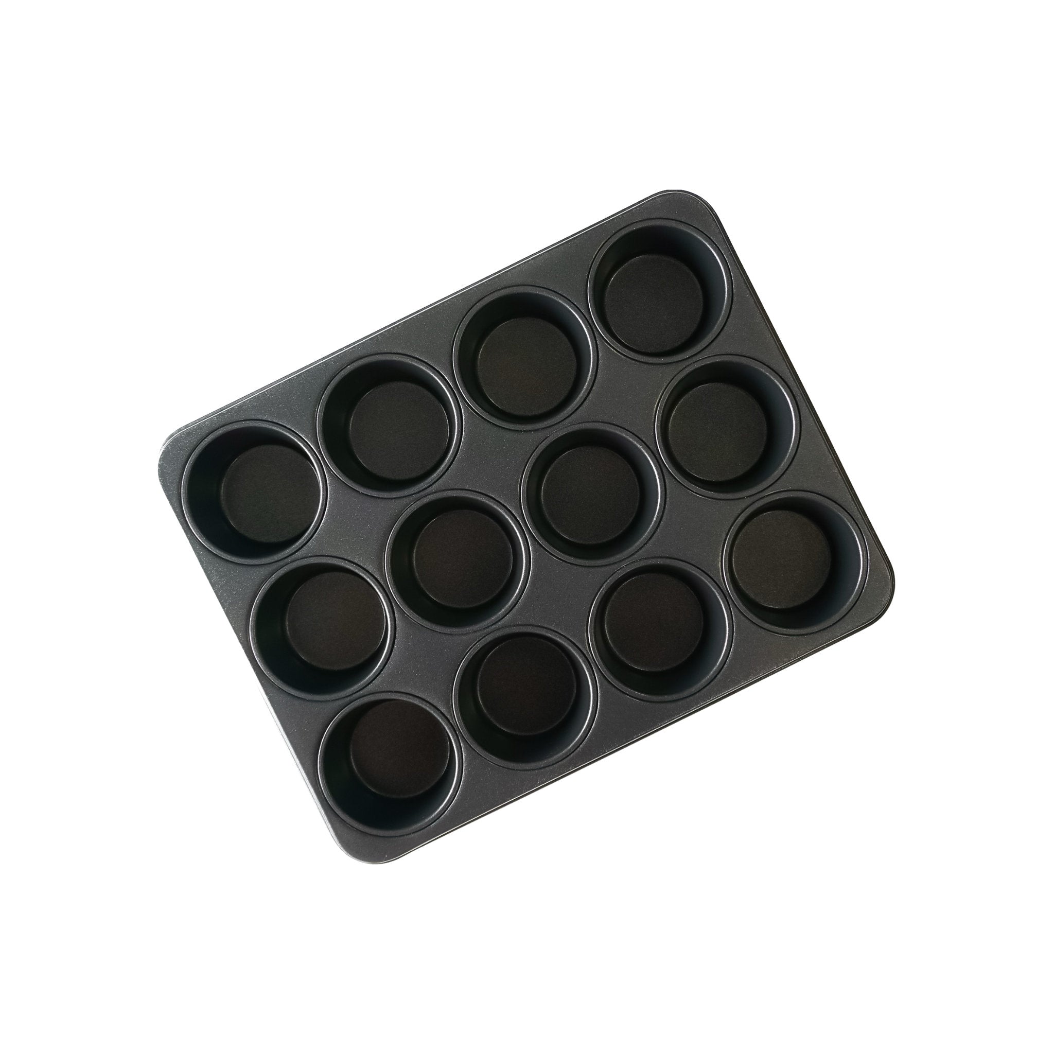 A black metal muffin pan with 12 individual round cavities. The pan is empty and ready for baking.