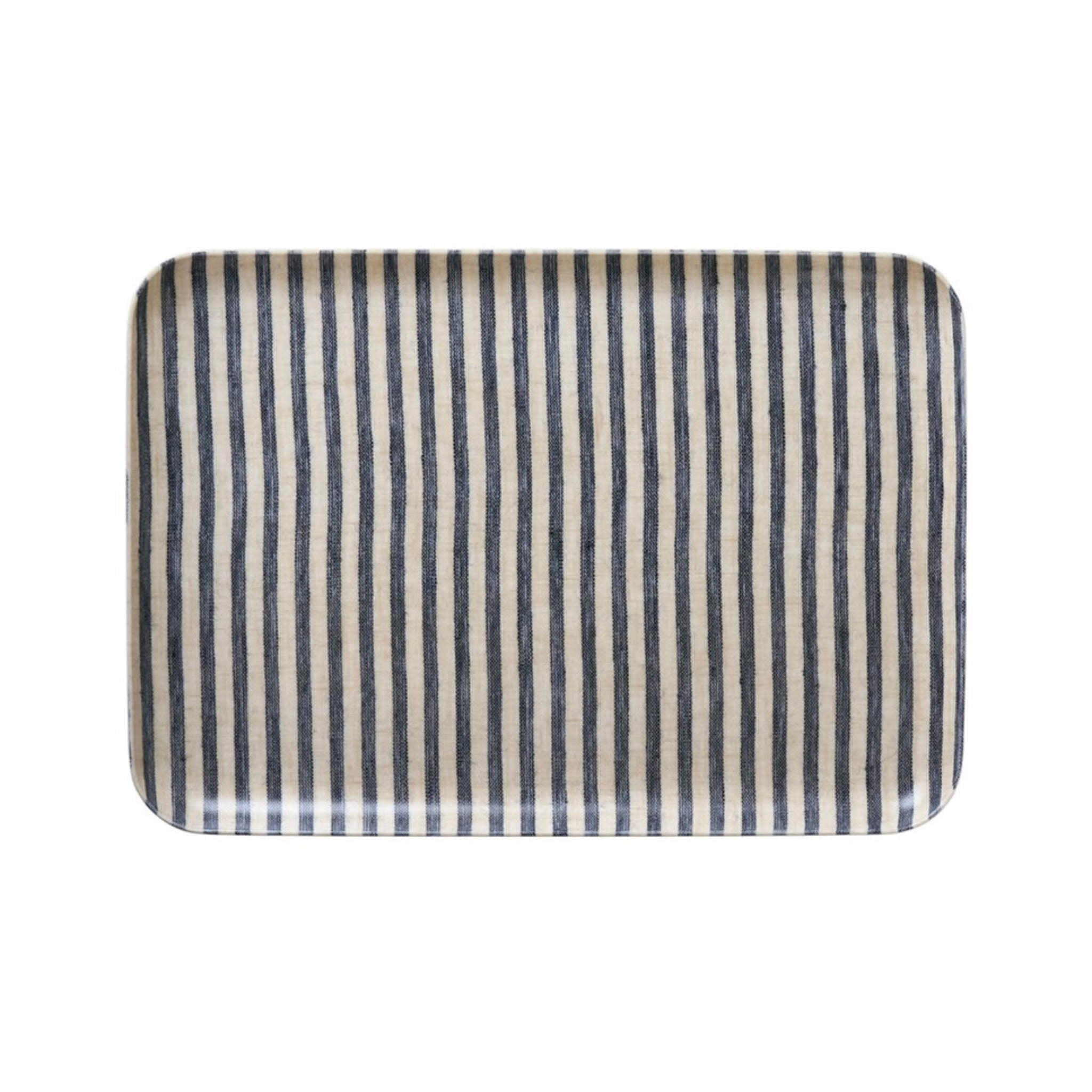 Rectangular tray with black and beige striped pattern on a white background