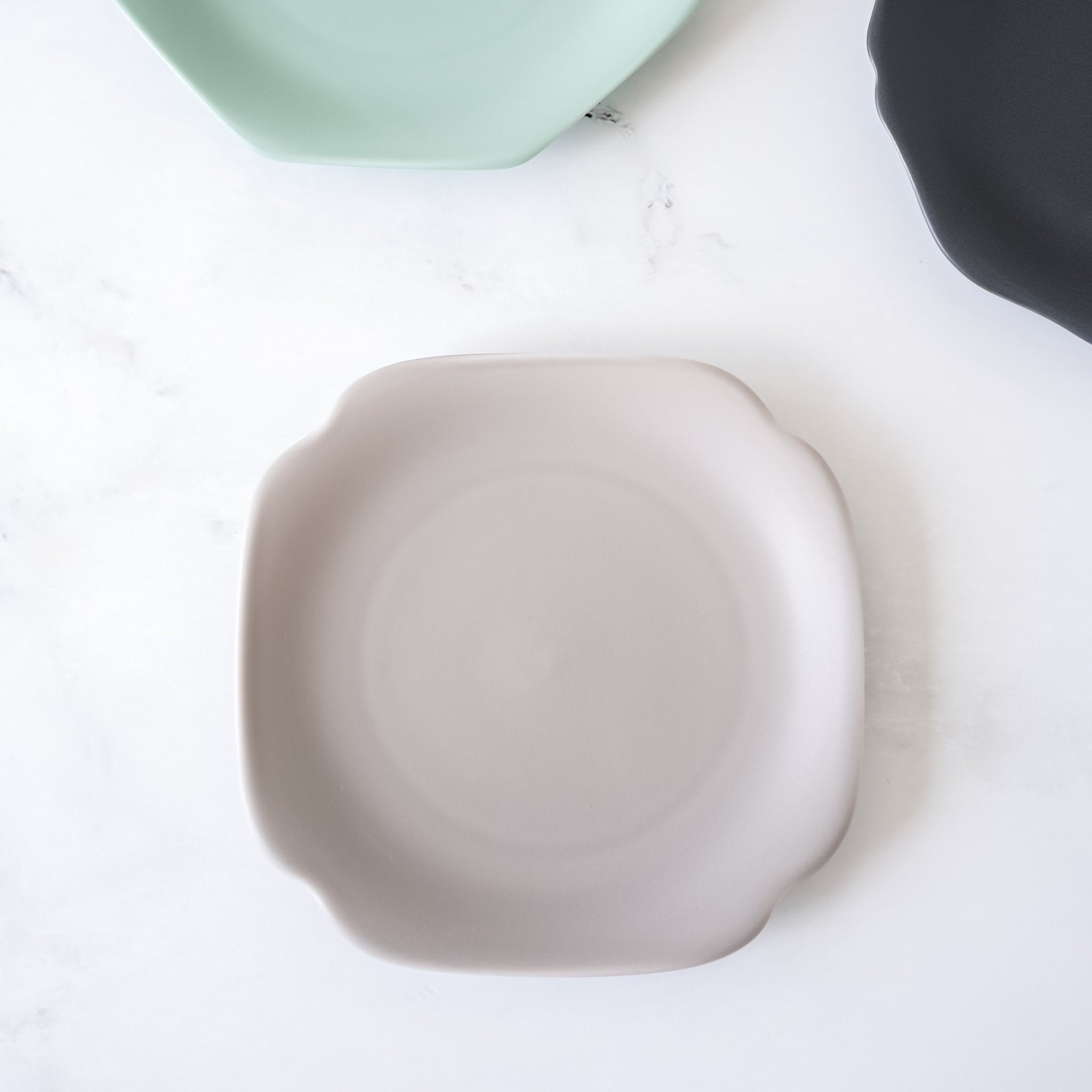 dessert plates in mint, charcoal, greige