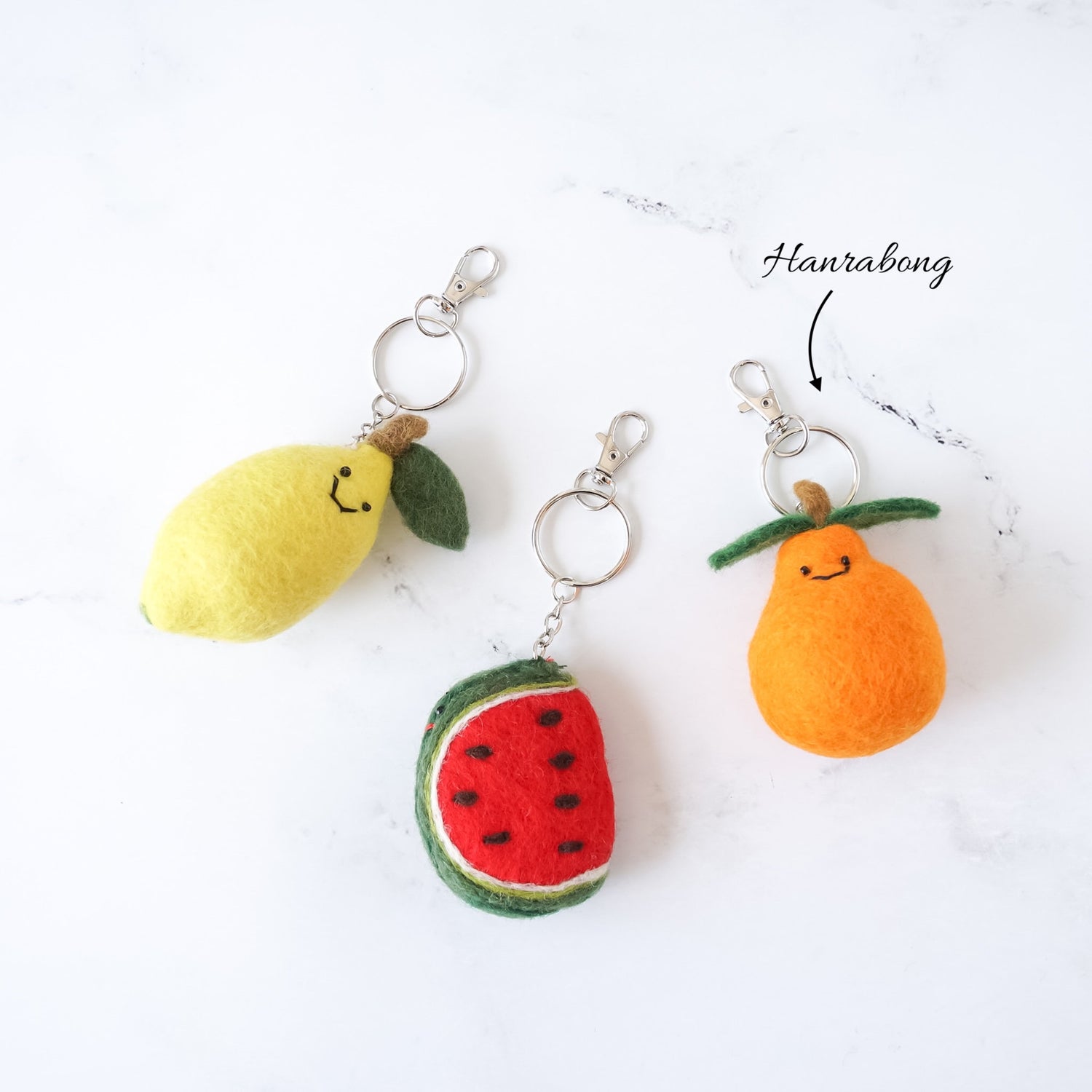 felt key chains, lemon, watermelon, hanrabong