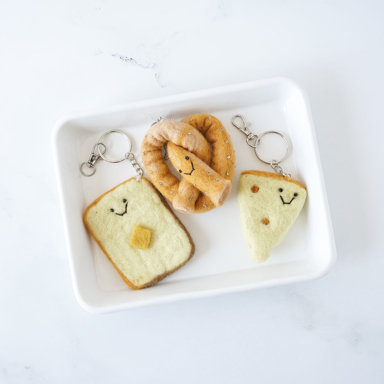 felt toast, cheese, pretzel keychains