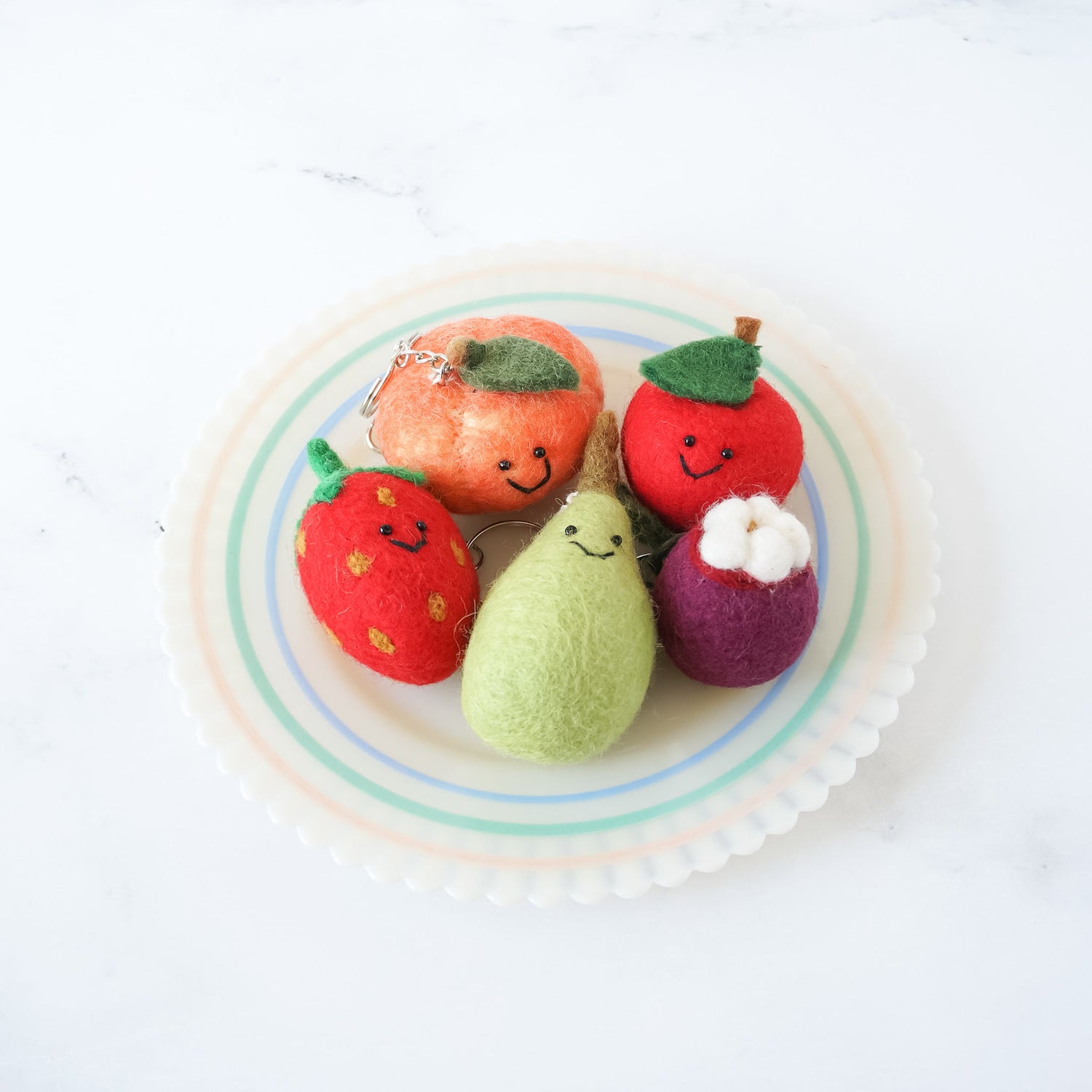 strawberry, peach, pear, apple, mangosteen keychains, fruits bag charms