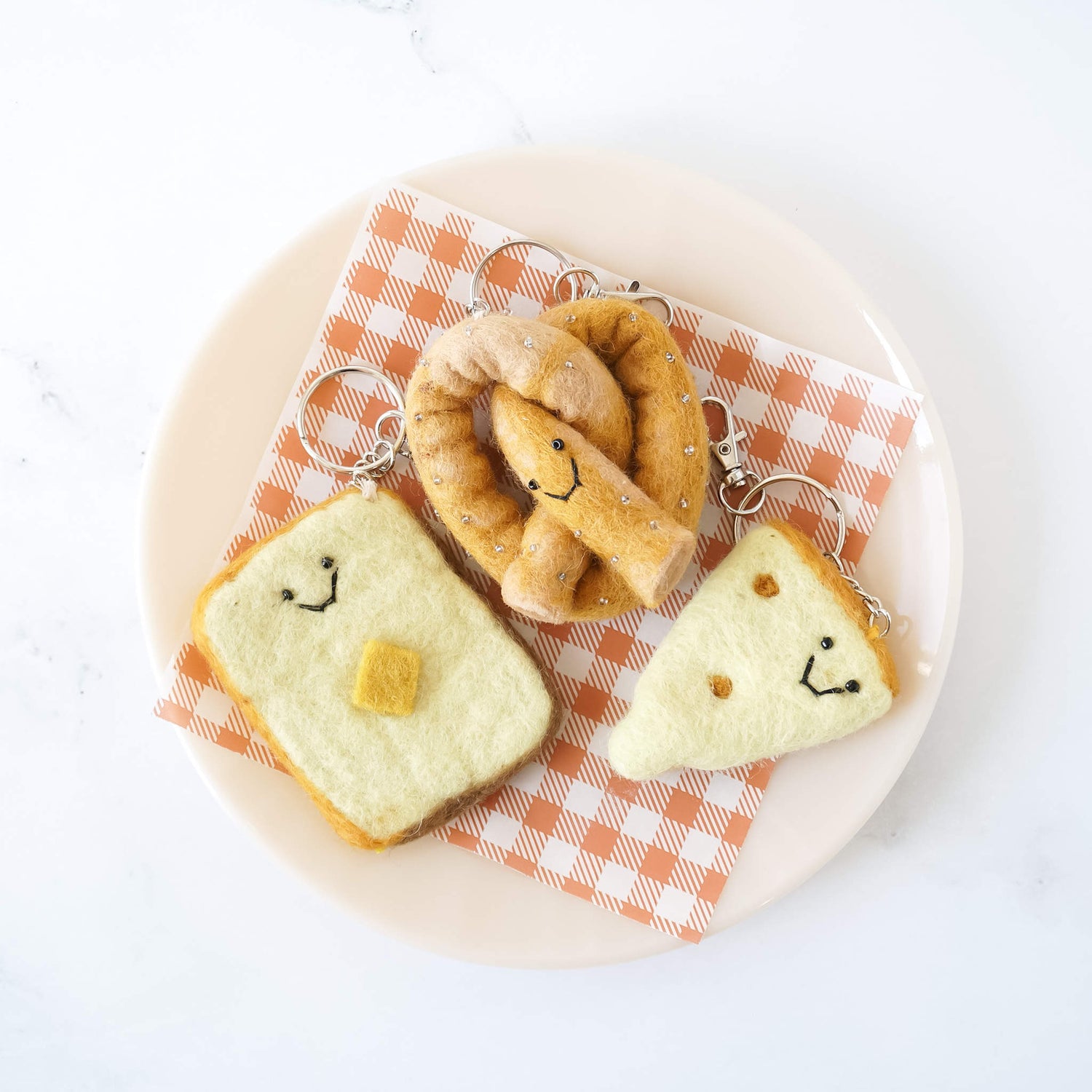 felt bread keychains, pretzel key ring, cheese keychain, butter toast keychain