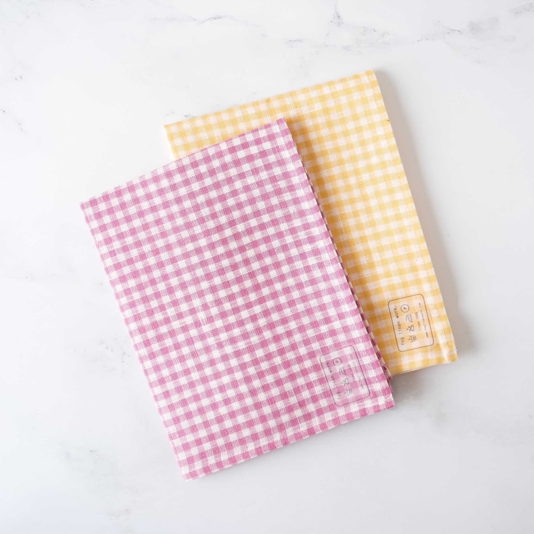 gingham check dish cloths in pink, yellow