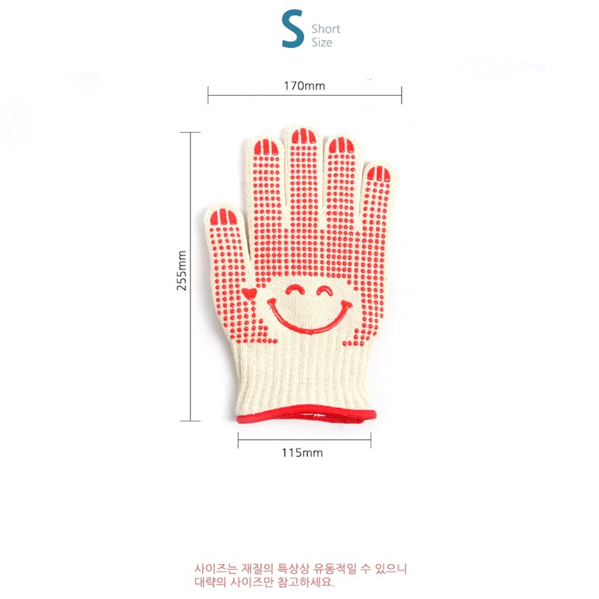 Red and white oven glove with smiley face design and measurements on a white background