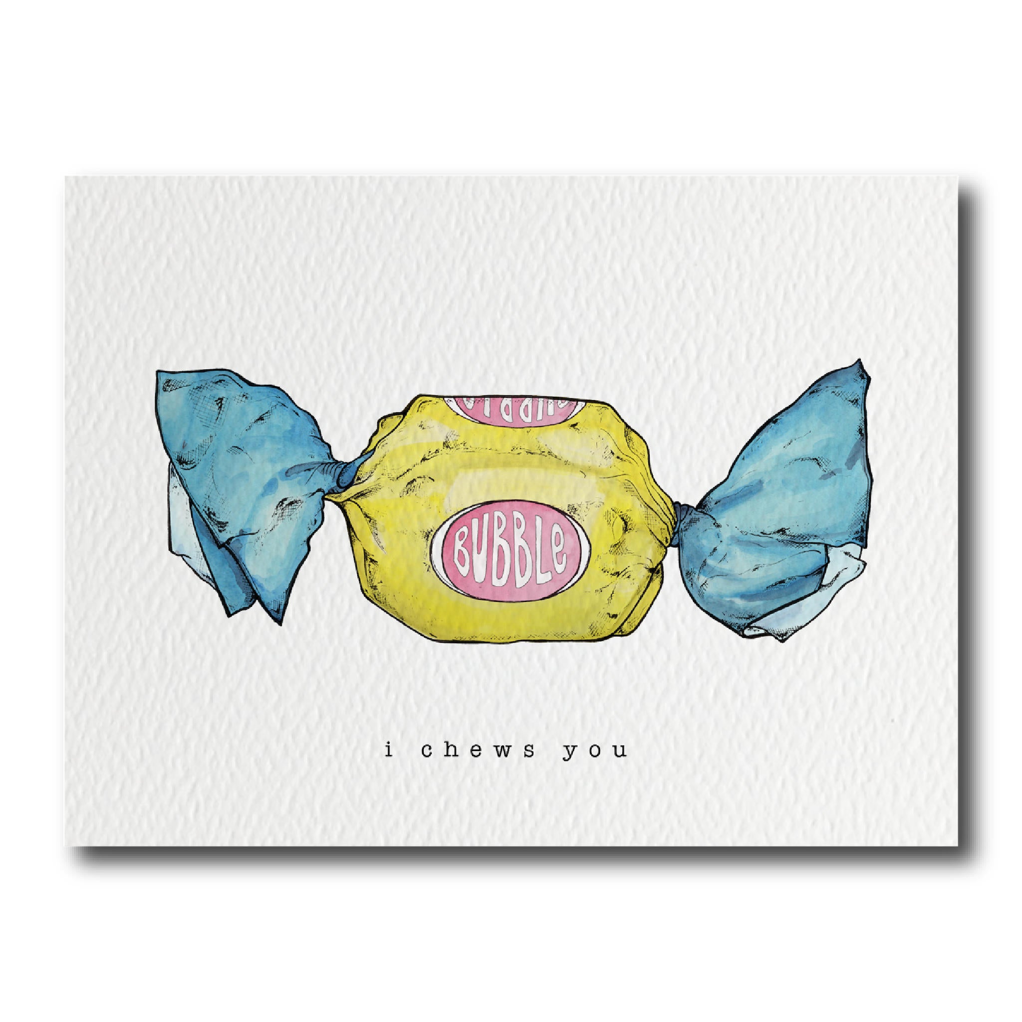 A greeting card with an illustration of a chewed bubble gum with the text &