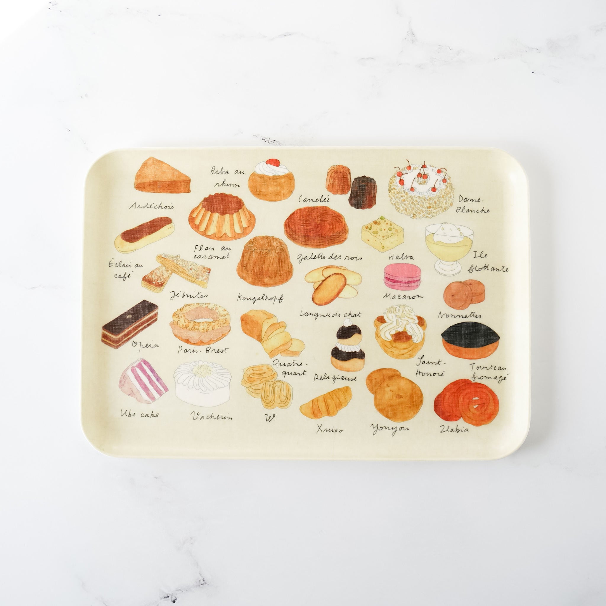 A medium-sized linen-covered serving tray with pastry-themed illustrations featuring various cakes and pastries.
