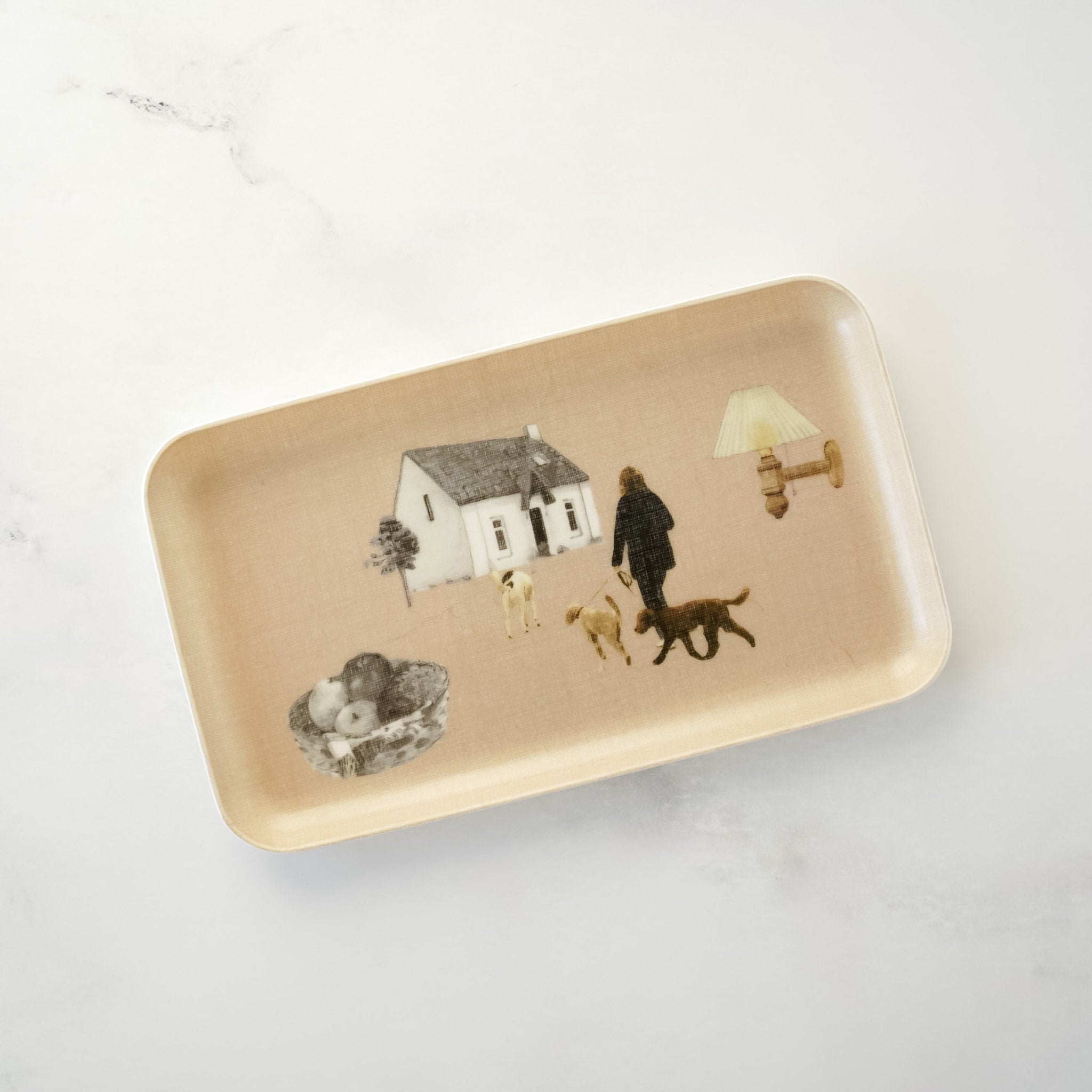 Rectangular tray with a scenic illustration of a house, people, and dogs on a white background