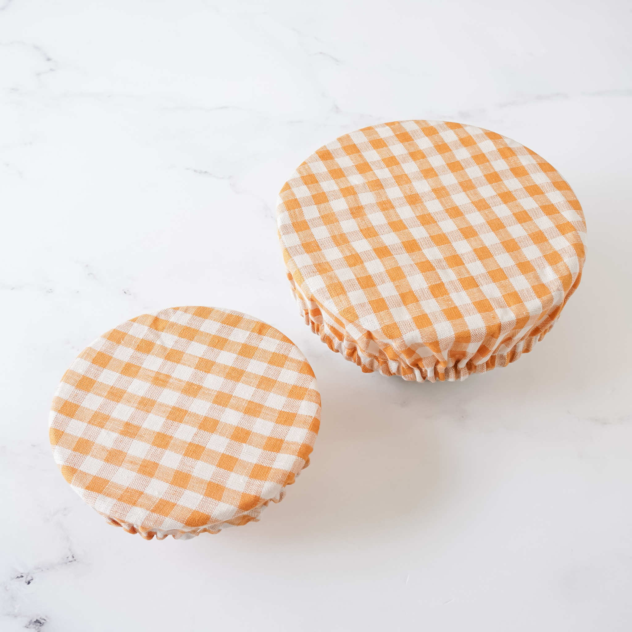 linen dish cover in pumpkin gingham