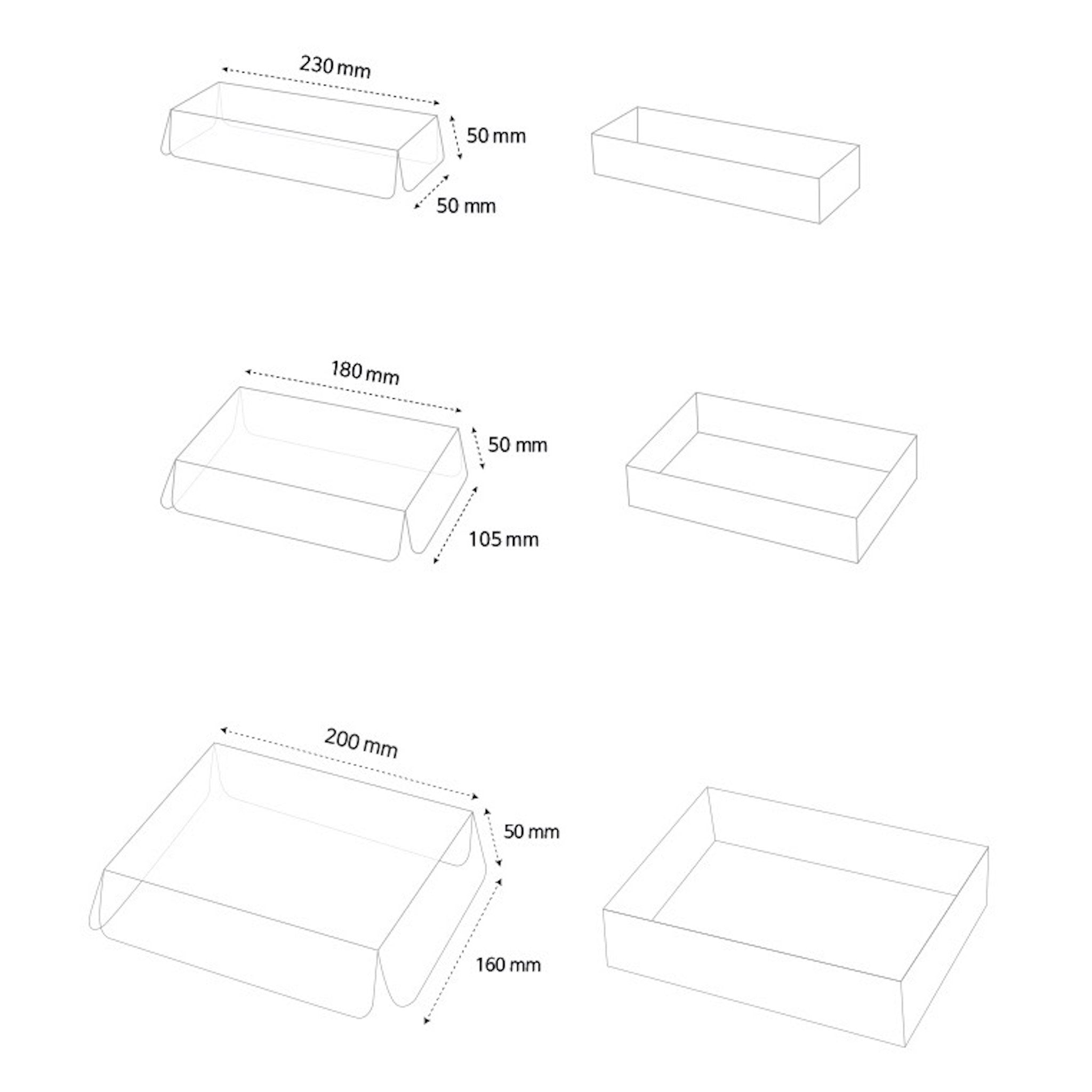Line drawing of three different sized boxes with measurements in millimeters. The boxes are open on the top and have a fold-over flap on each side. The boxes are labeled with the following dimensions: 230 mm x 50 mm x 50 mm, 180 mm x 105 mm x 50 mm, and 200 mm x 160 mm x 50 mm.