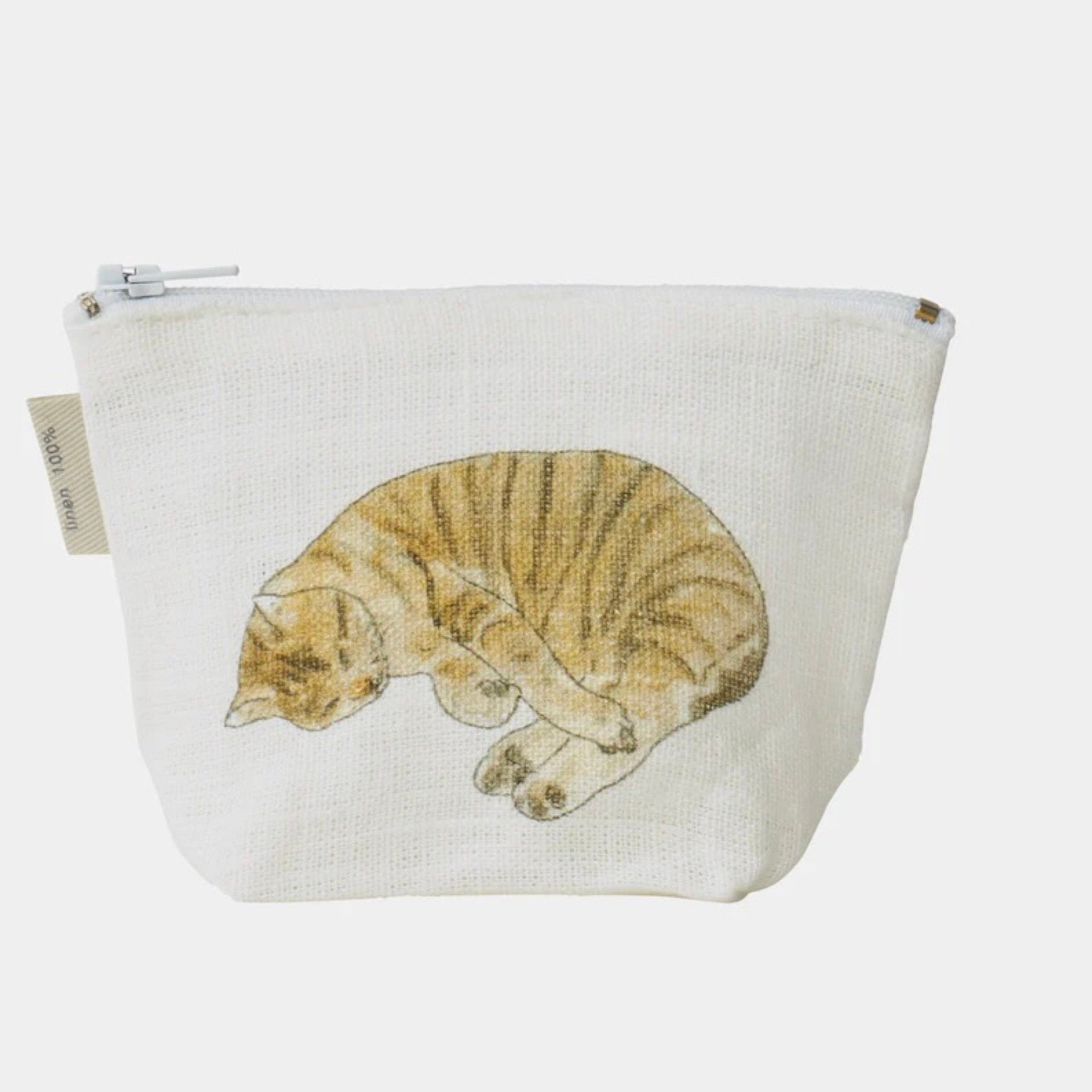 Mini linen pouch with a cat design on a white background