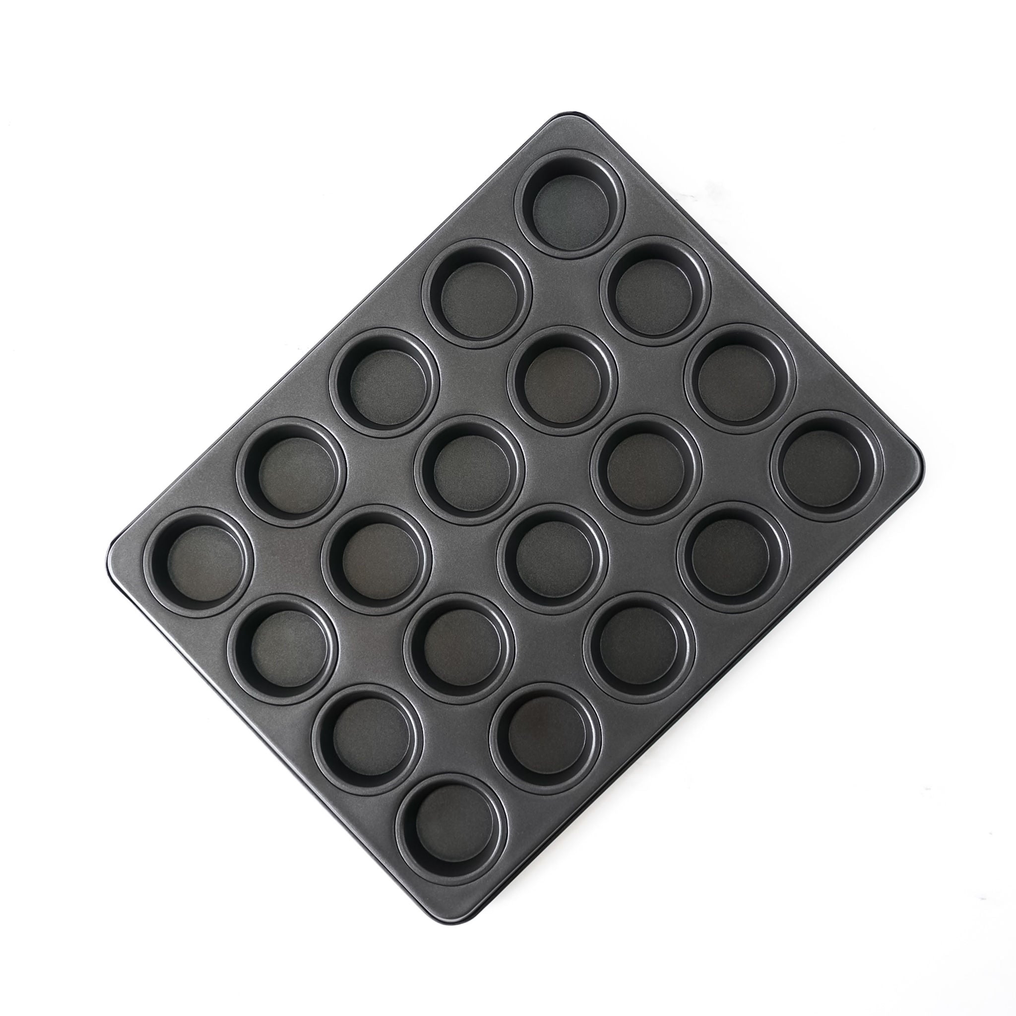 Black muffin pan with multiple compartments on a white background