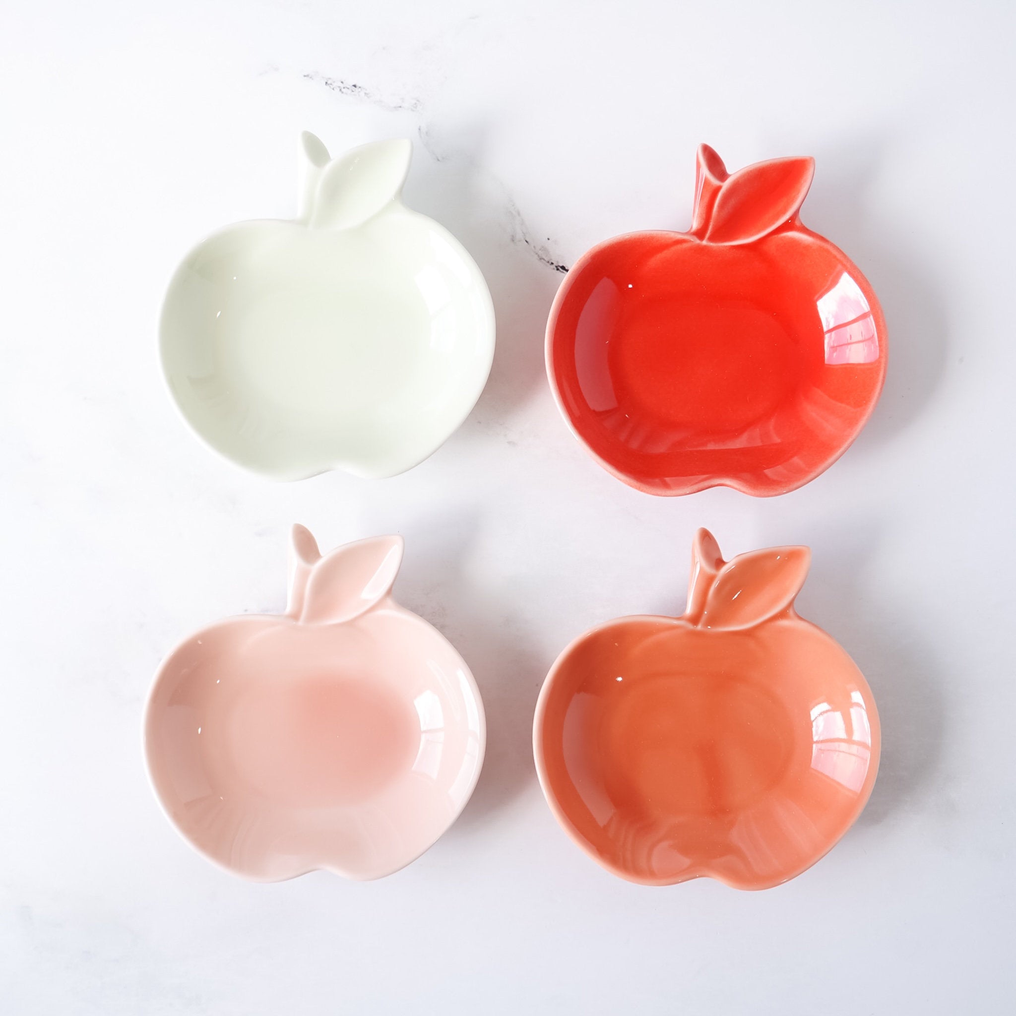 mino ware small apple plates in red, blush, pale green, coral