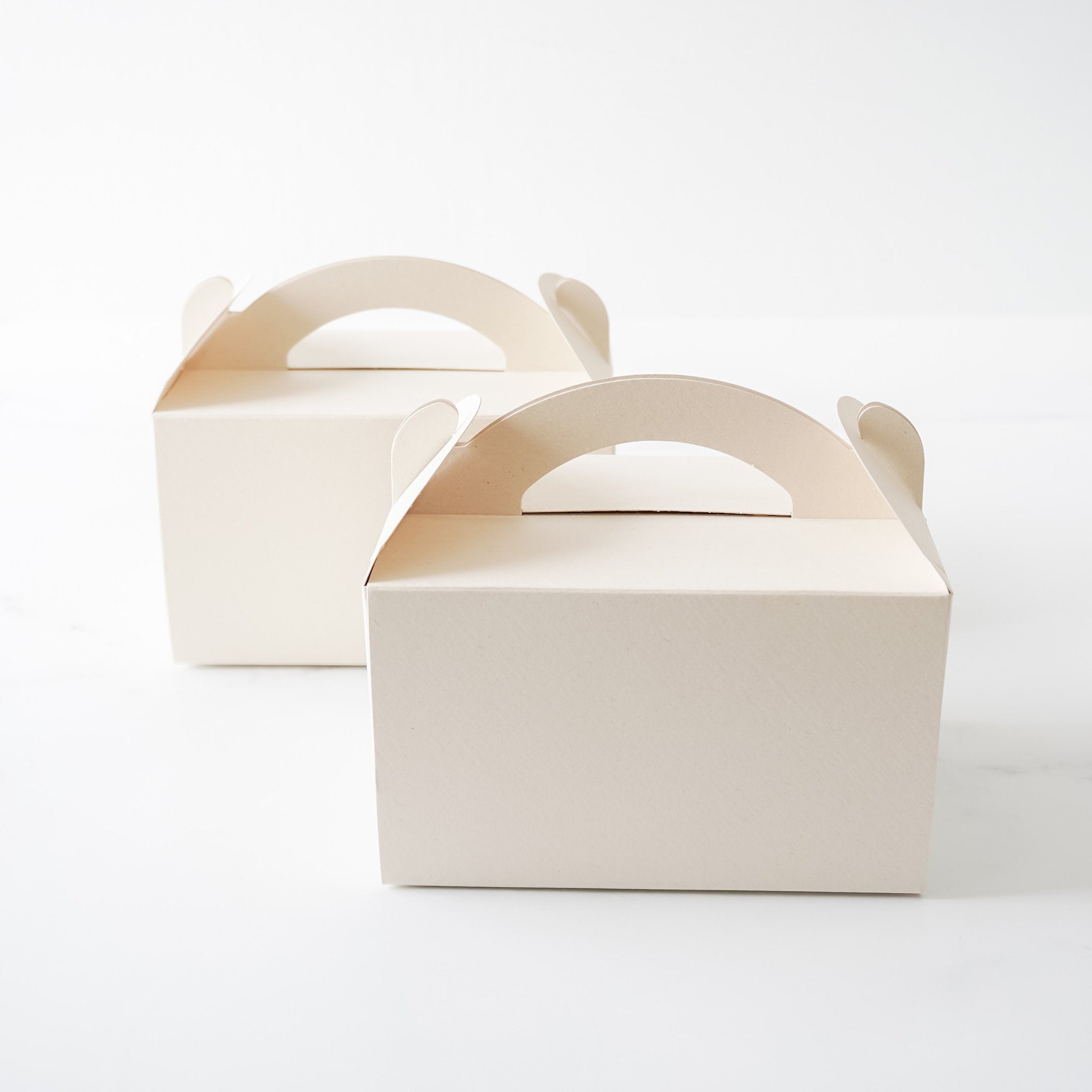 Two natural beige gable boxes with handles, made from paper, displayed against a white background