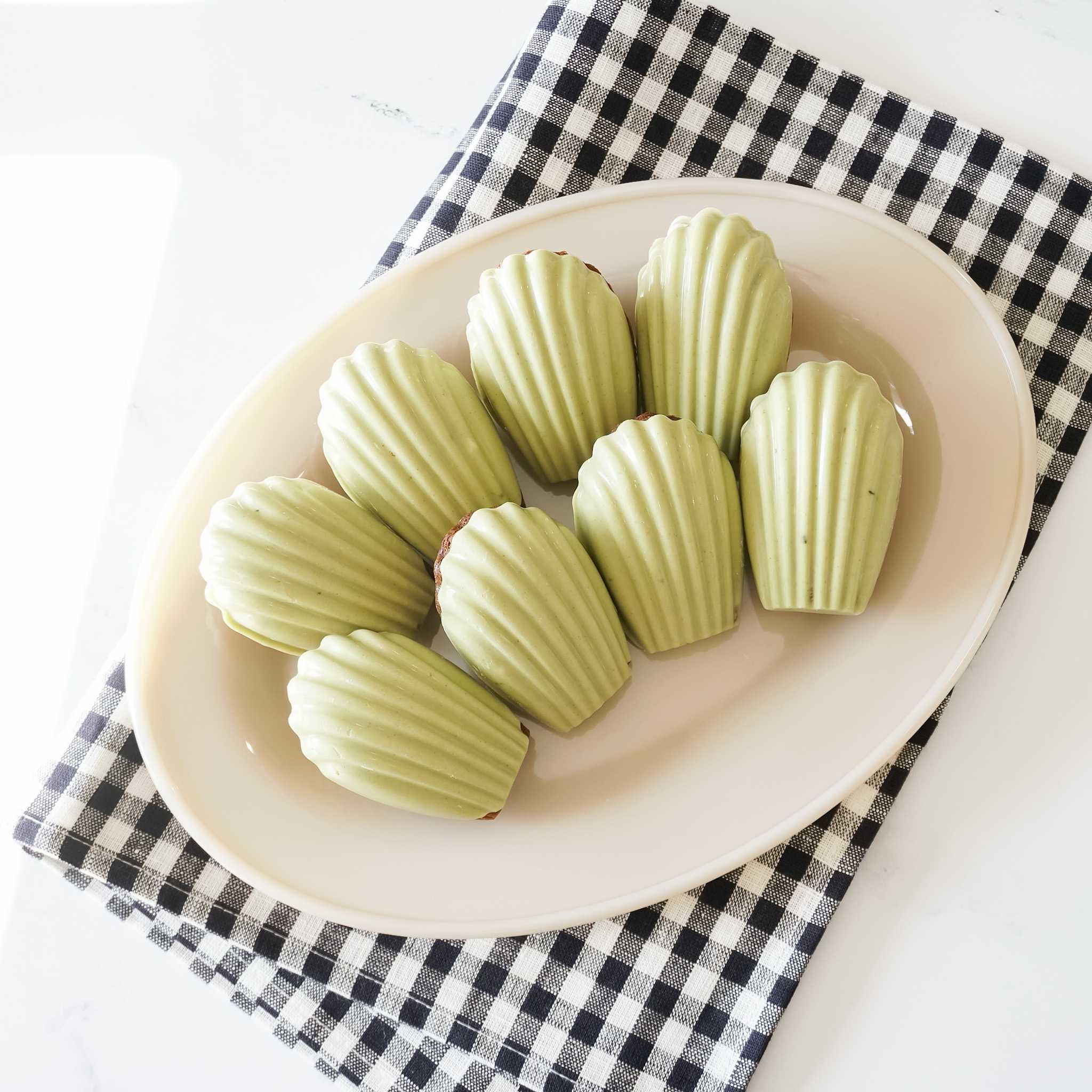 navy check kitchen cloth, matcha madeleines