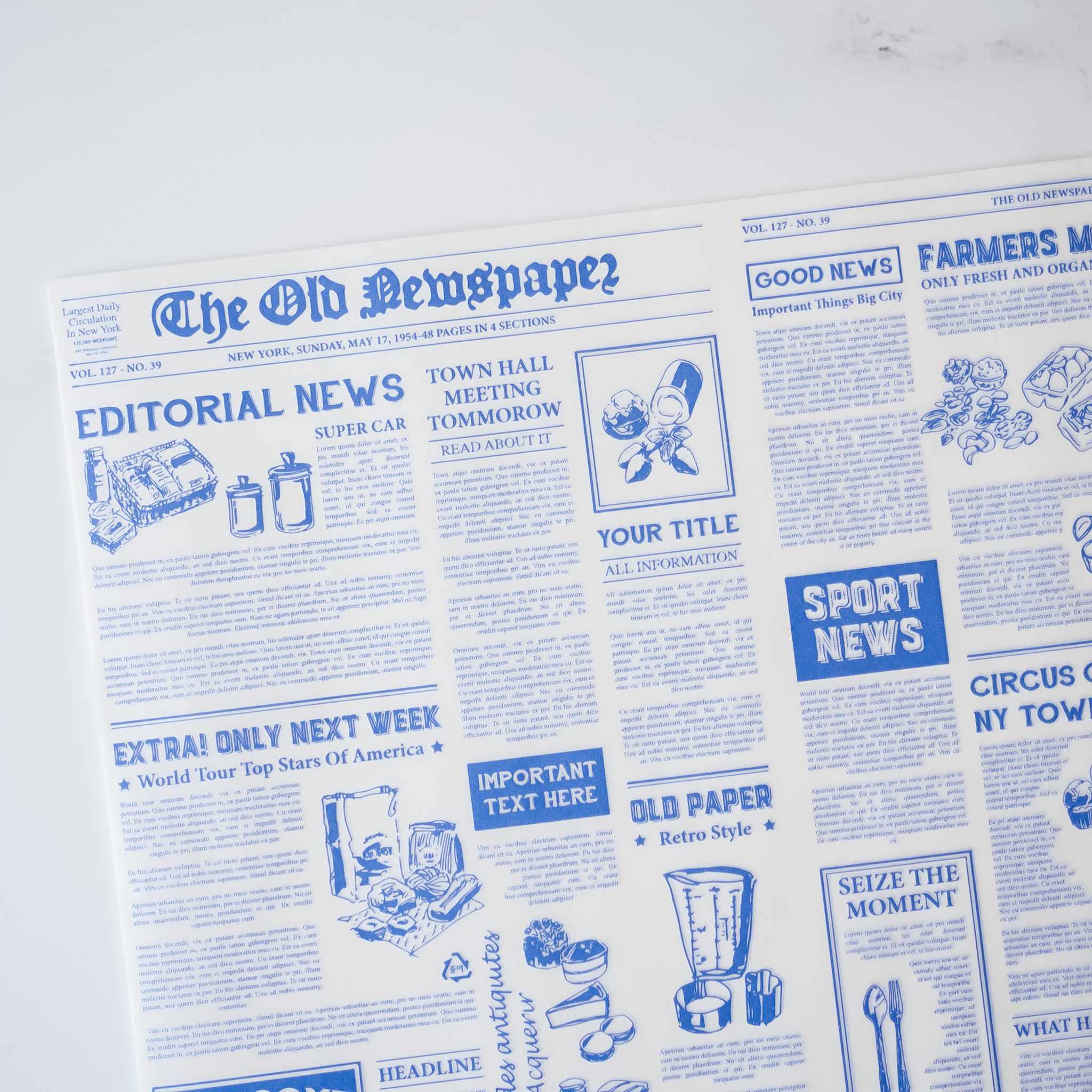 A blue and white newspaper design with the title &