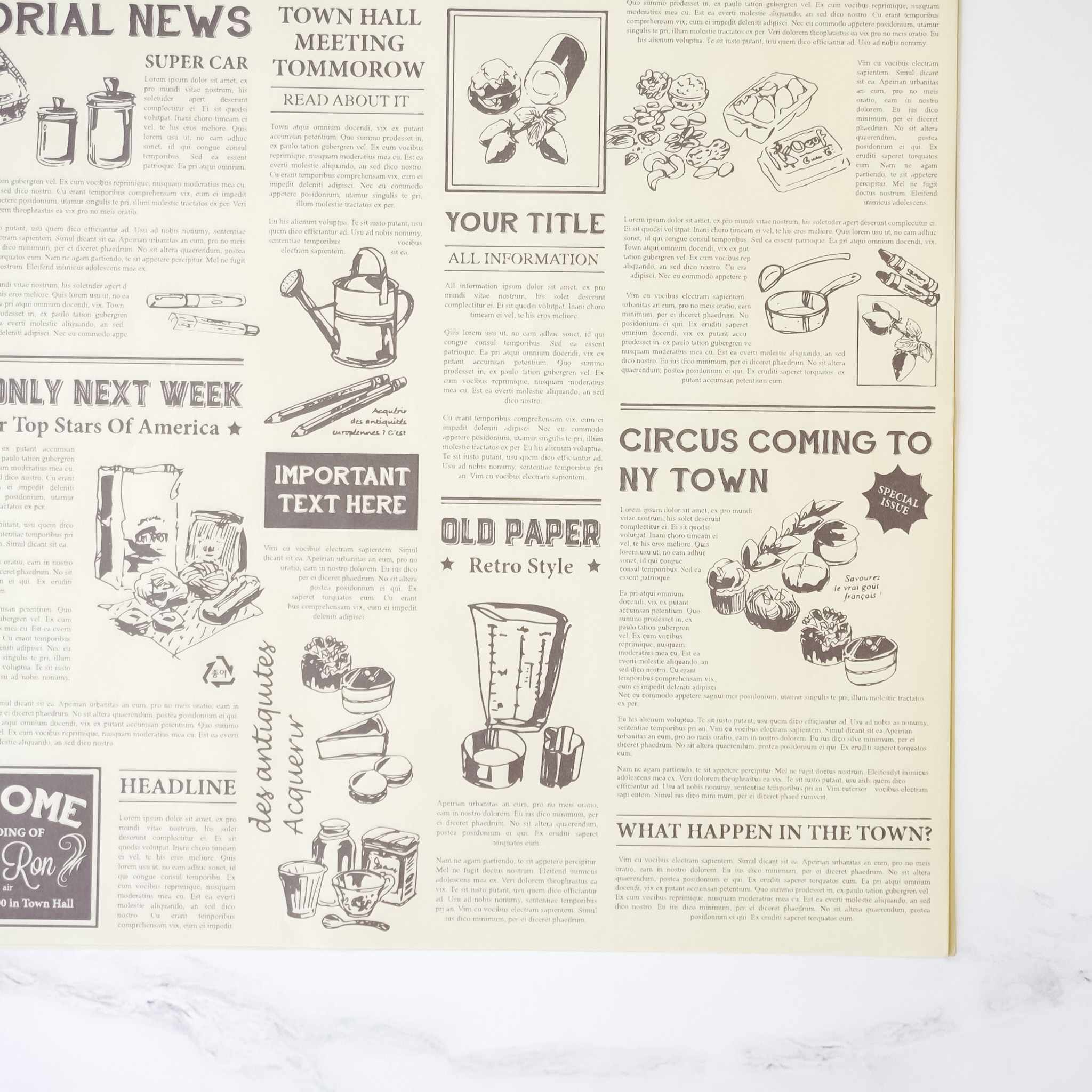 A vintage newspaper style design with brown text and illustrations on a cream background. The illustrations include a watering can, a measuring cup, a loaf of bread, a cup of coffee, a flower pot, and a circus tent.
