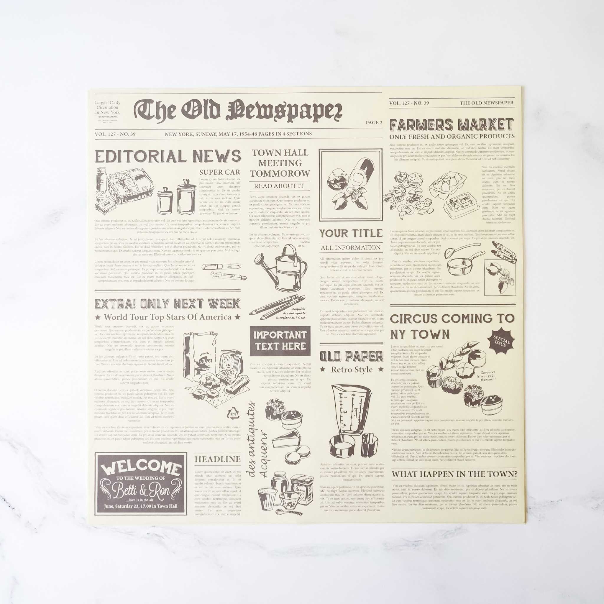 A vintage newspaper style design with brown text and illustrations. The illustrations include a car, a watering can, a basket of fruit, a measuring cup, a blender, and a wedding cake.