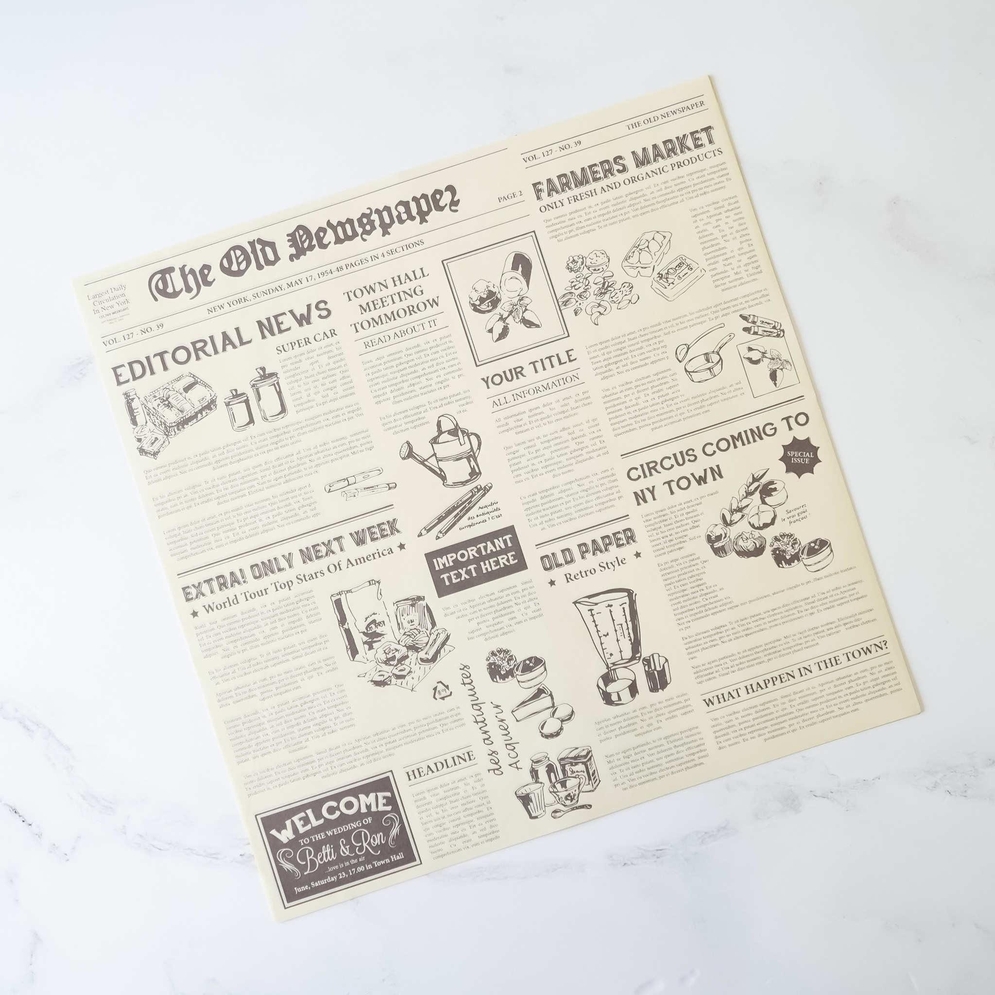 A vintage newspaper style background with brown text and illustrations. The illustrations include a car, a watering can, a blender, a jar, a star, and a circus tent.
