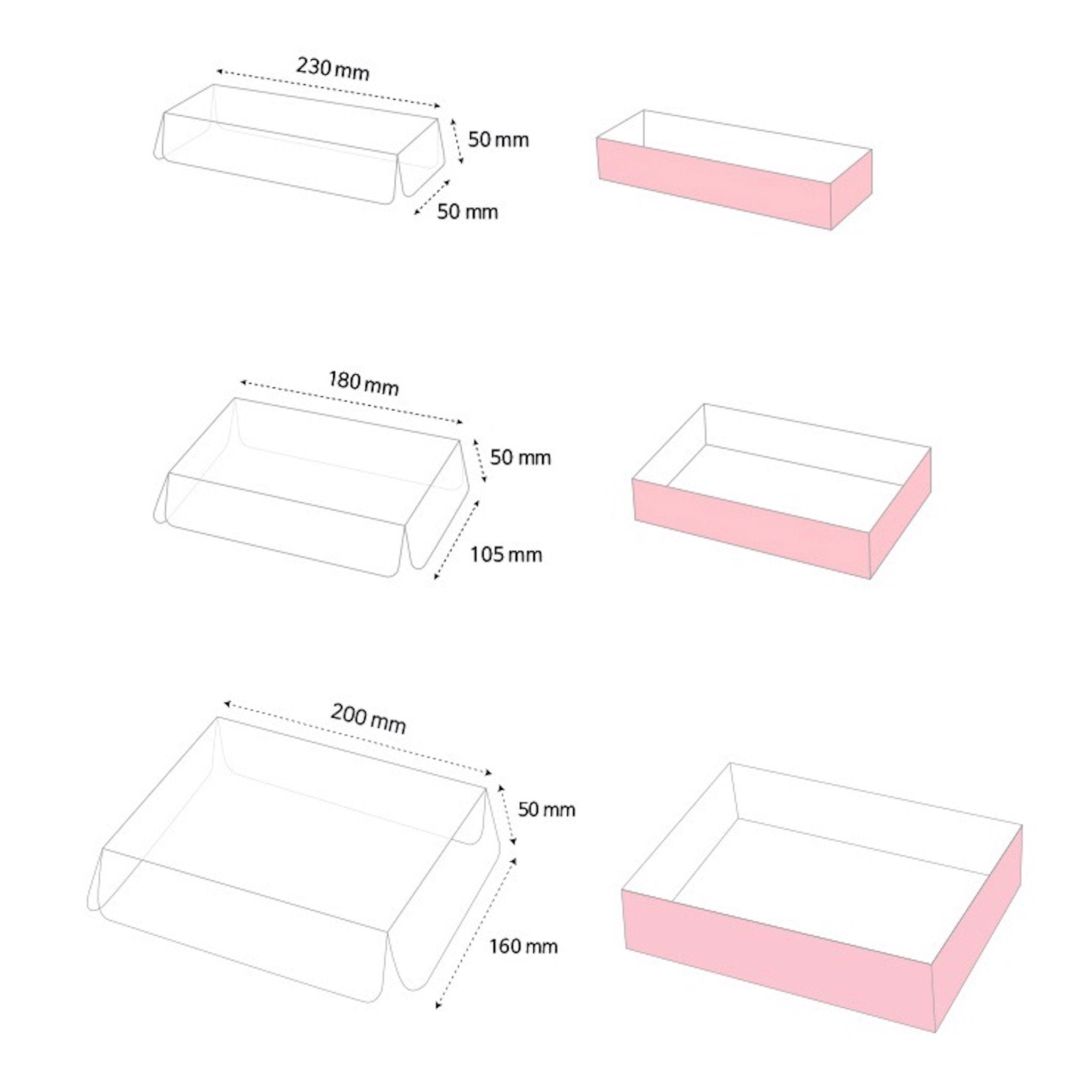 A diagram showing three different sizes of rectangular boxes with dimensions labeled in millimeters. The boxes are shown in a flat, unfolded state with the flaps folded up. The boxes are all pink and have a white outline.