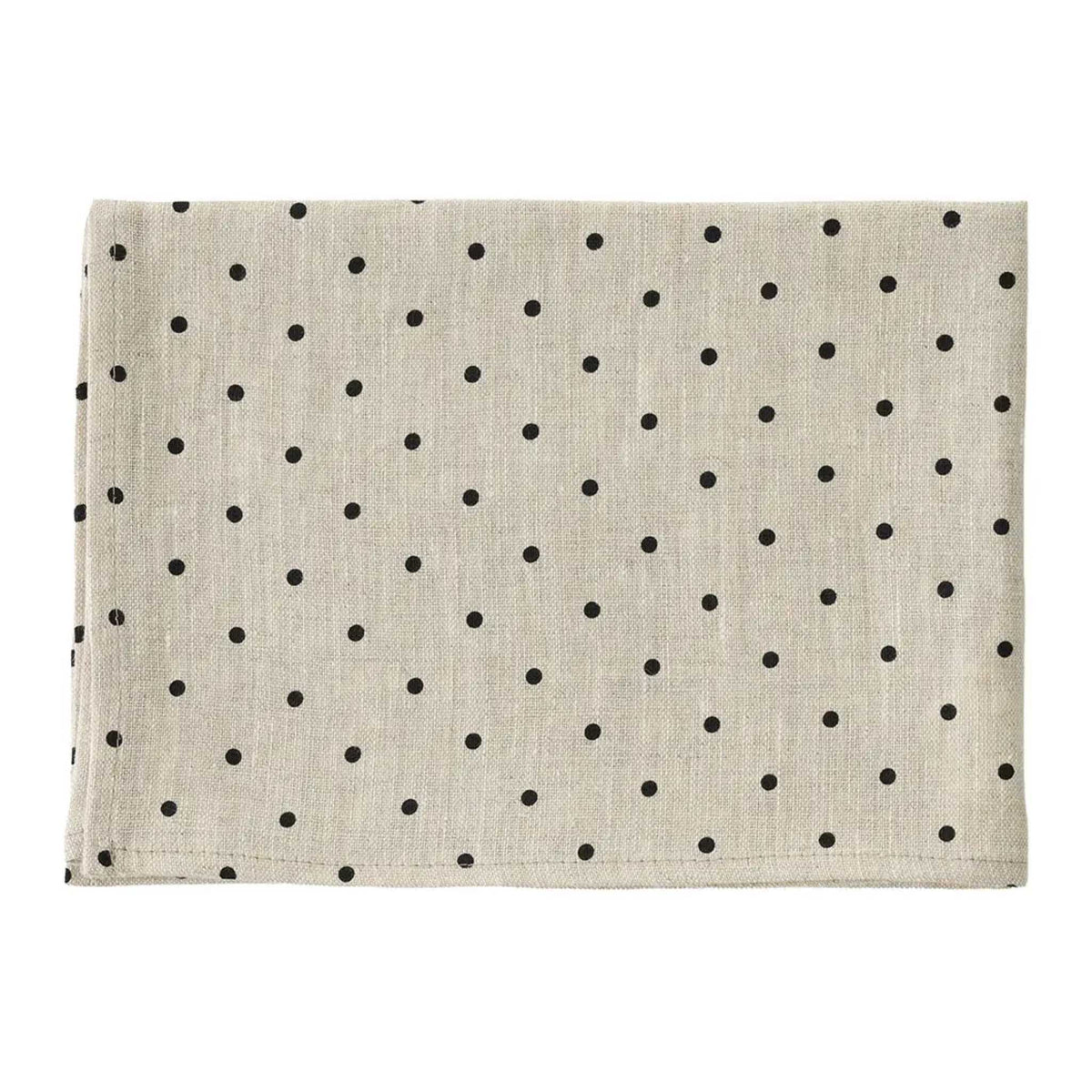 A linen dishcloth in a light beige color with a black polka dot pattern, laid flat against a white background.