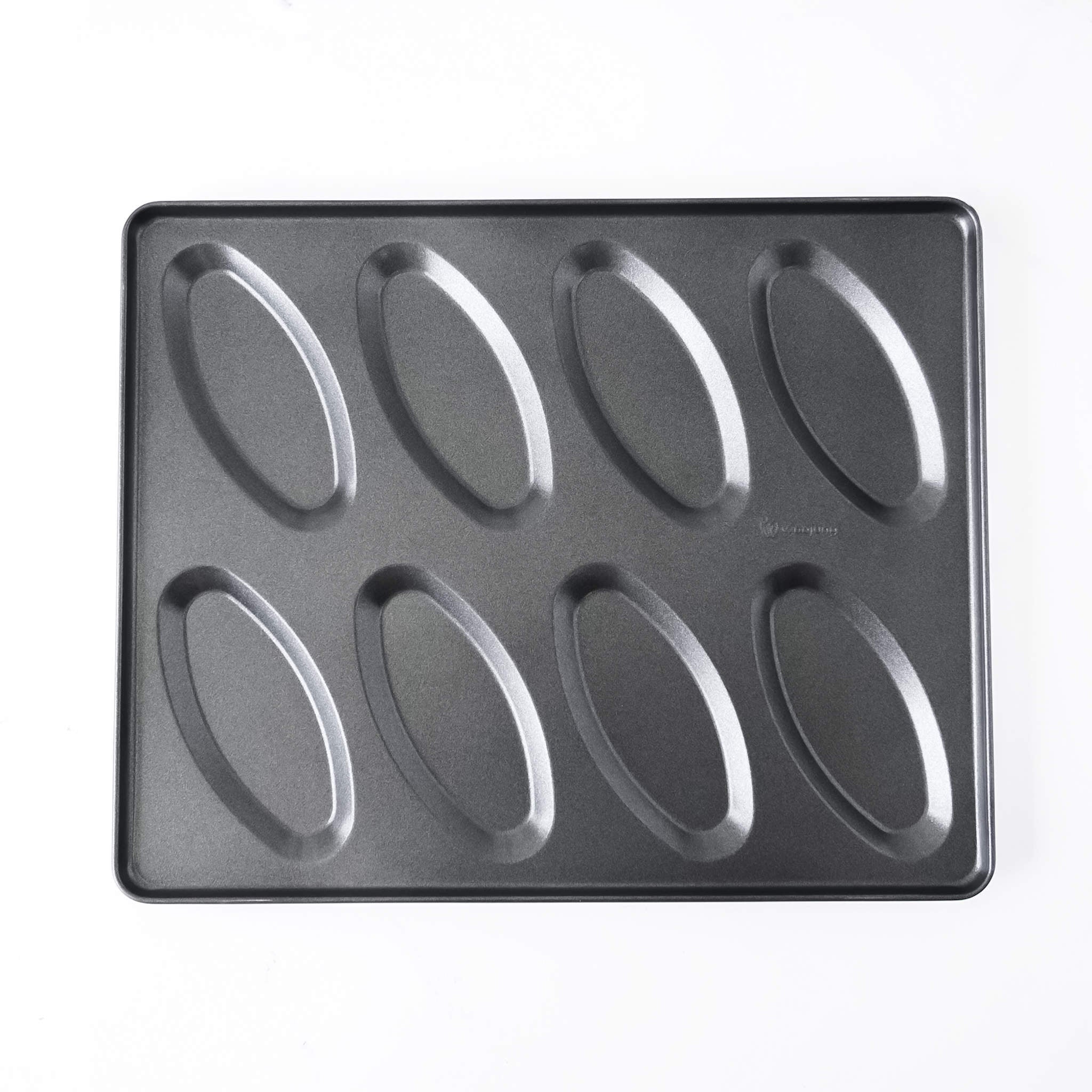 A dark gray non-stick salt bread baking pan with eight elongated oval-shaped cavities, shown from a top-down view on a white background.