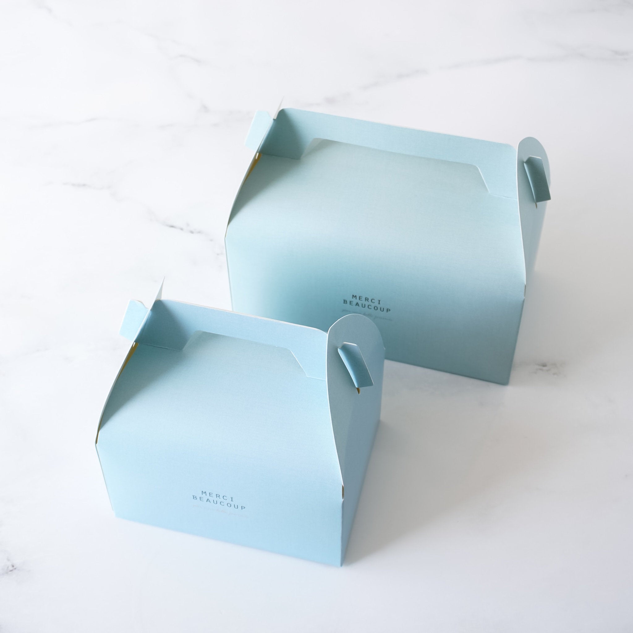 Two sky blue gable boxes with a subtle linen-style pattern on a marble surface.