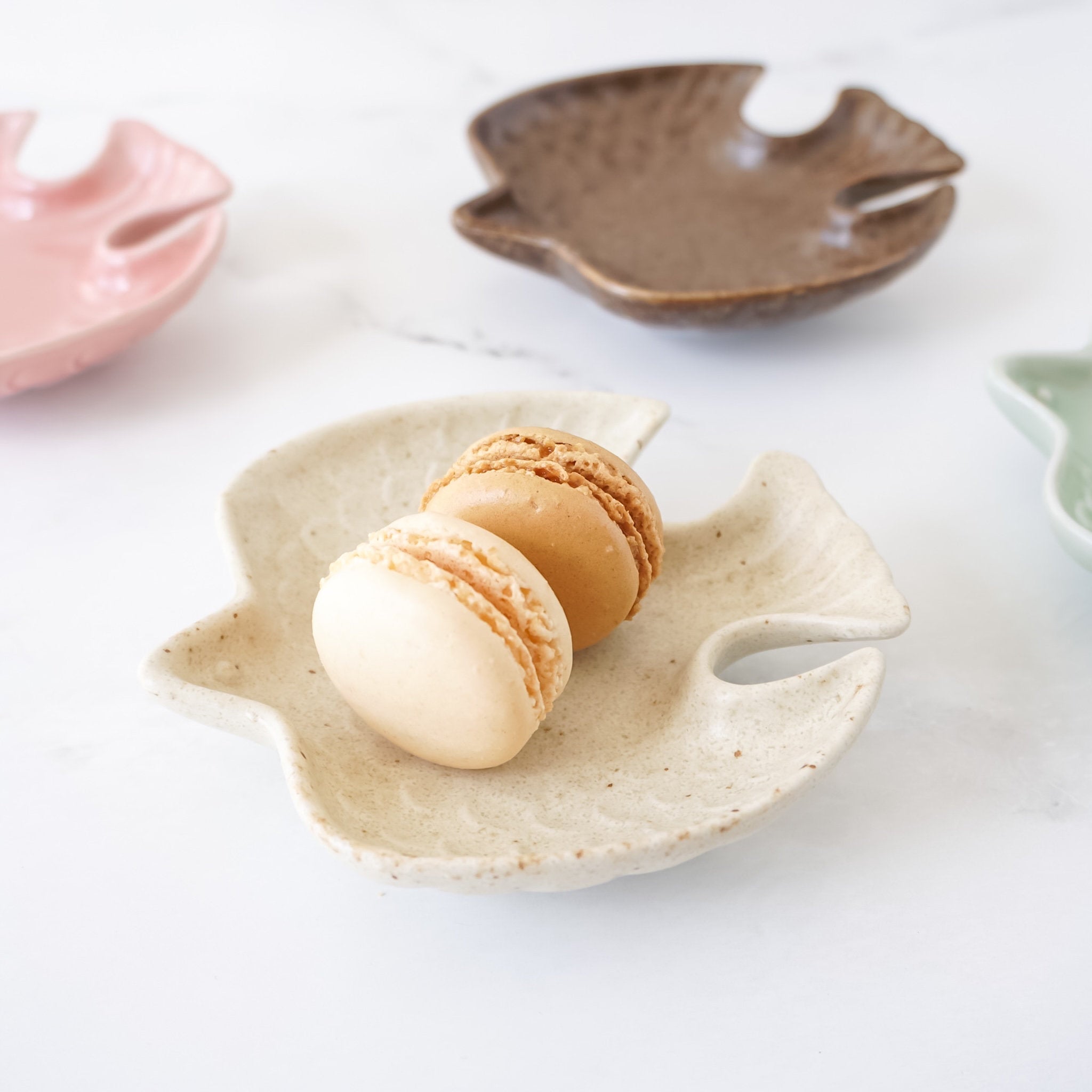 small bird dessert plate, mino ware Japan, mini macarons