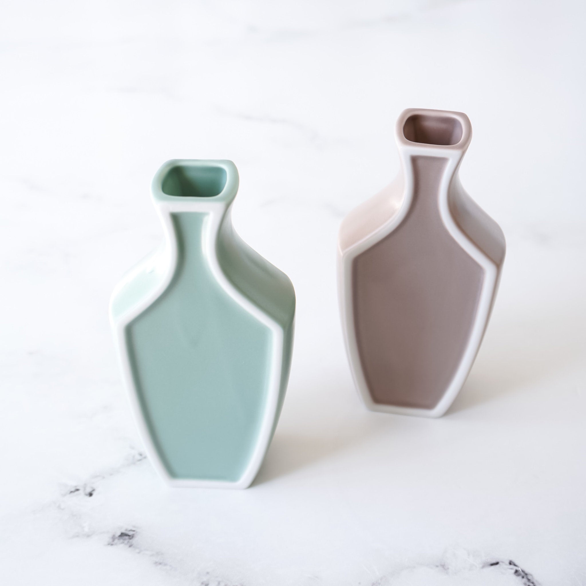 small flower vases in dusty mint and mushroom