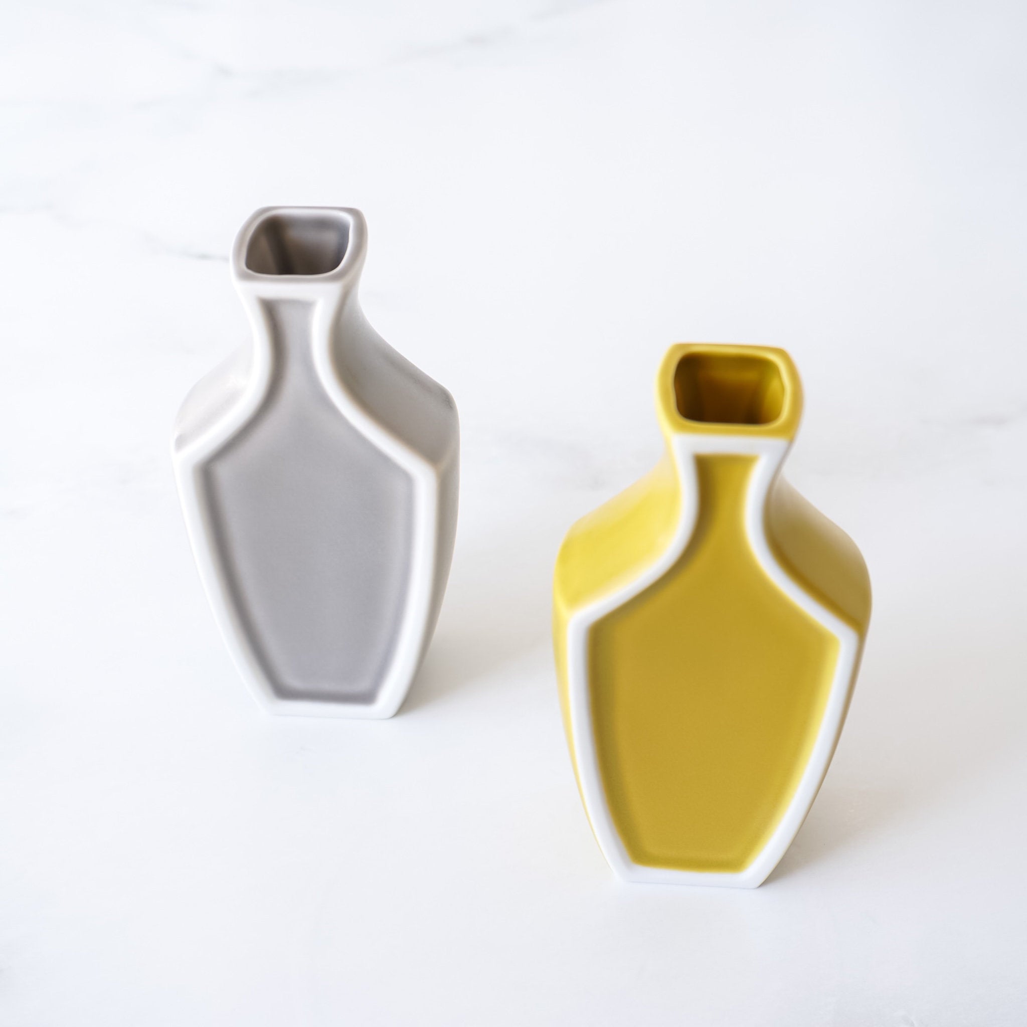 small flower vases in gray, mustard