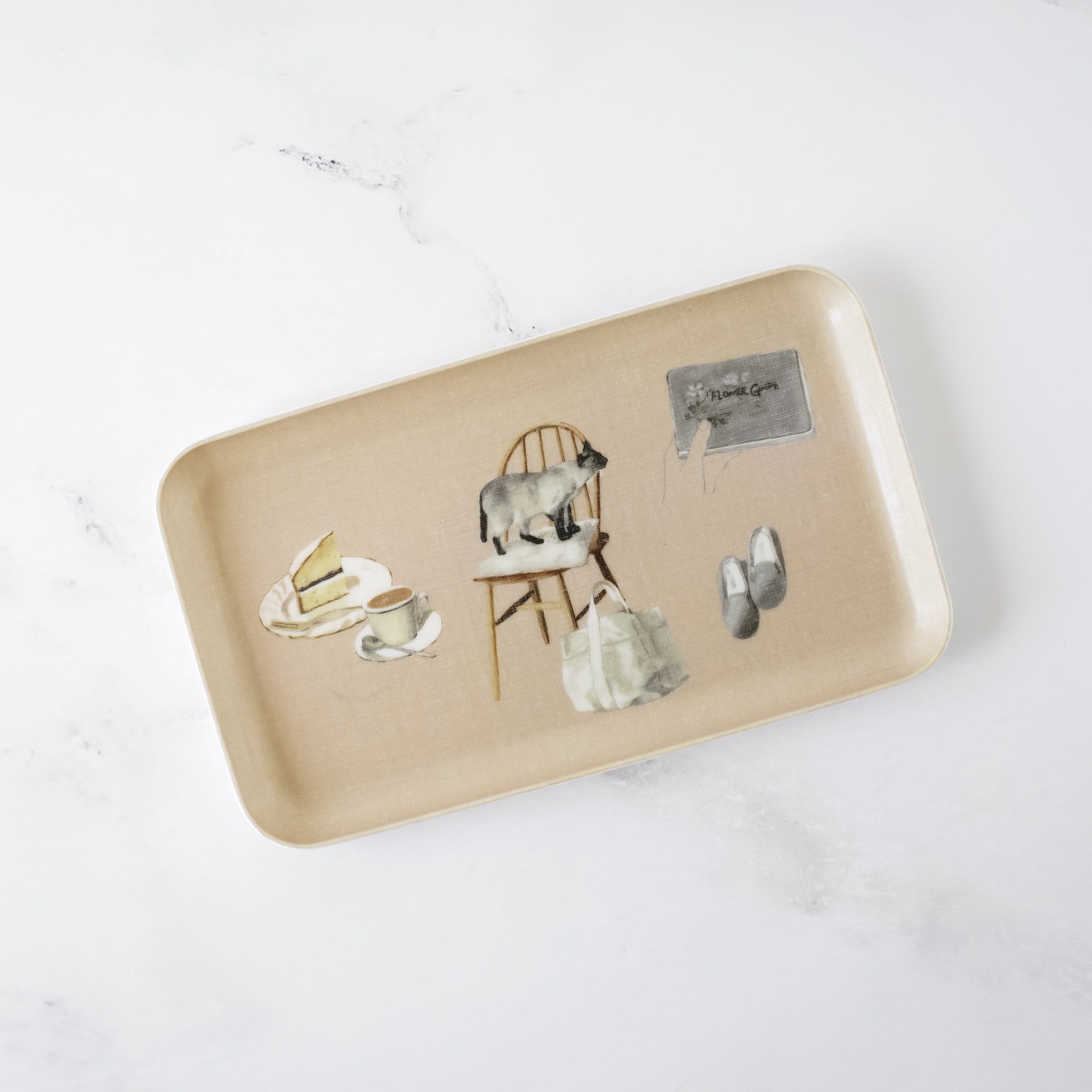 Beige tray with artistic illustrations on a white background