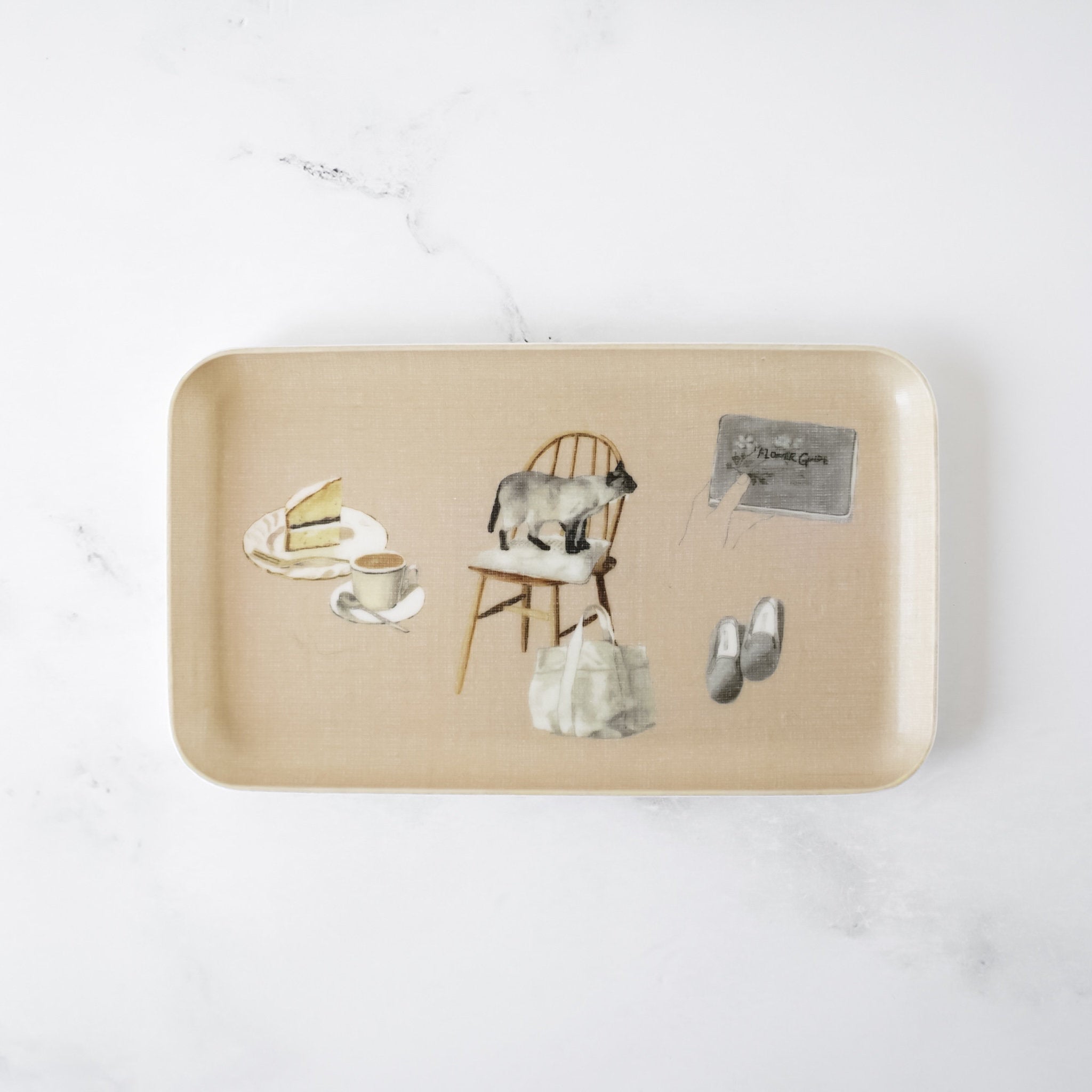Beige tray with artistic illustrations of a chair, table, and other objects on a white background
