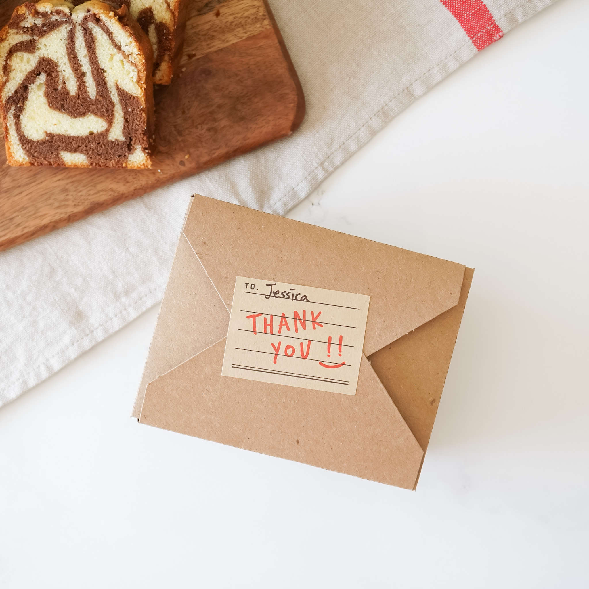 thank you sticker, marble pound cake