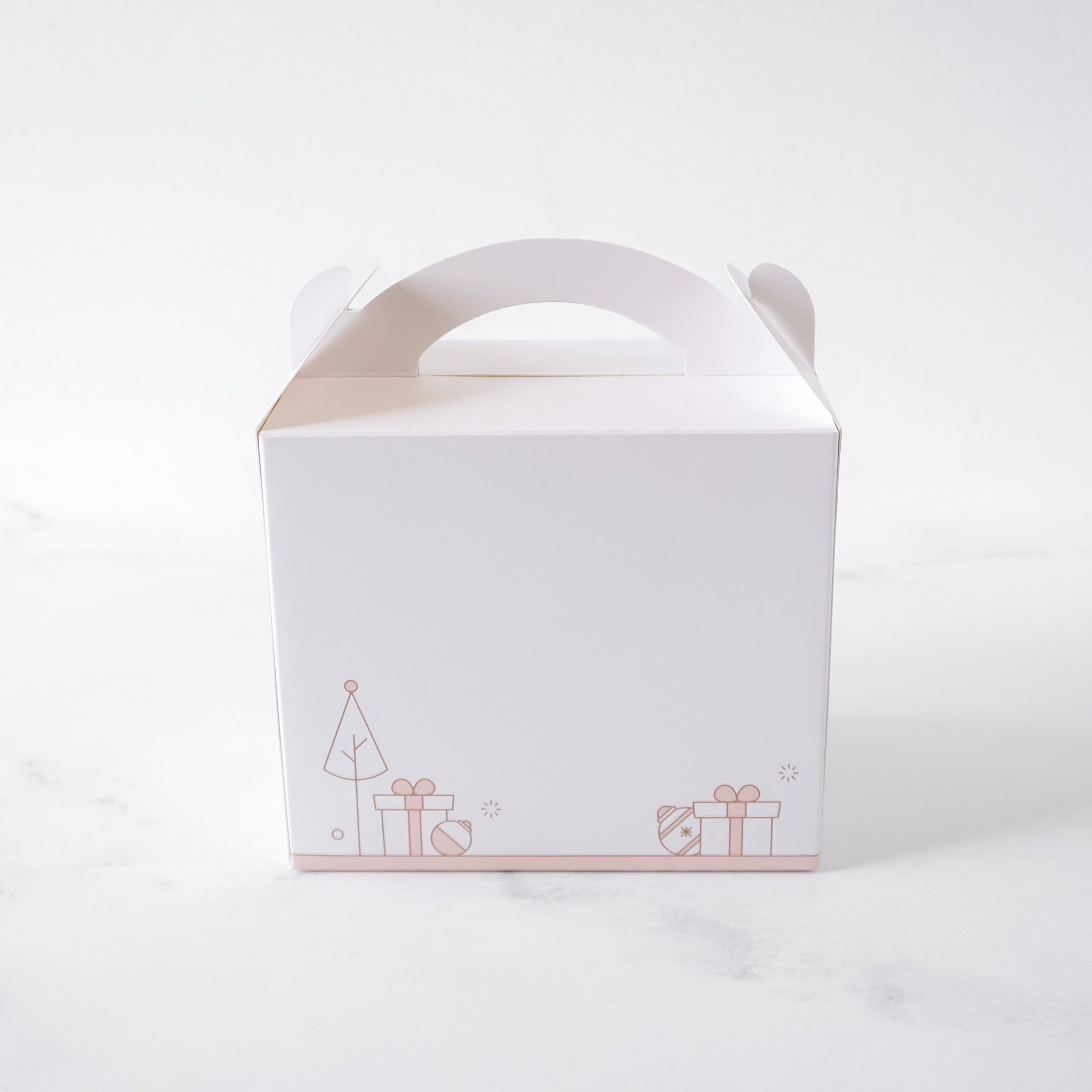 White gable box with pink accents on a white background