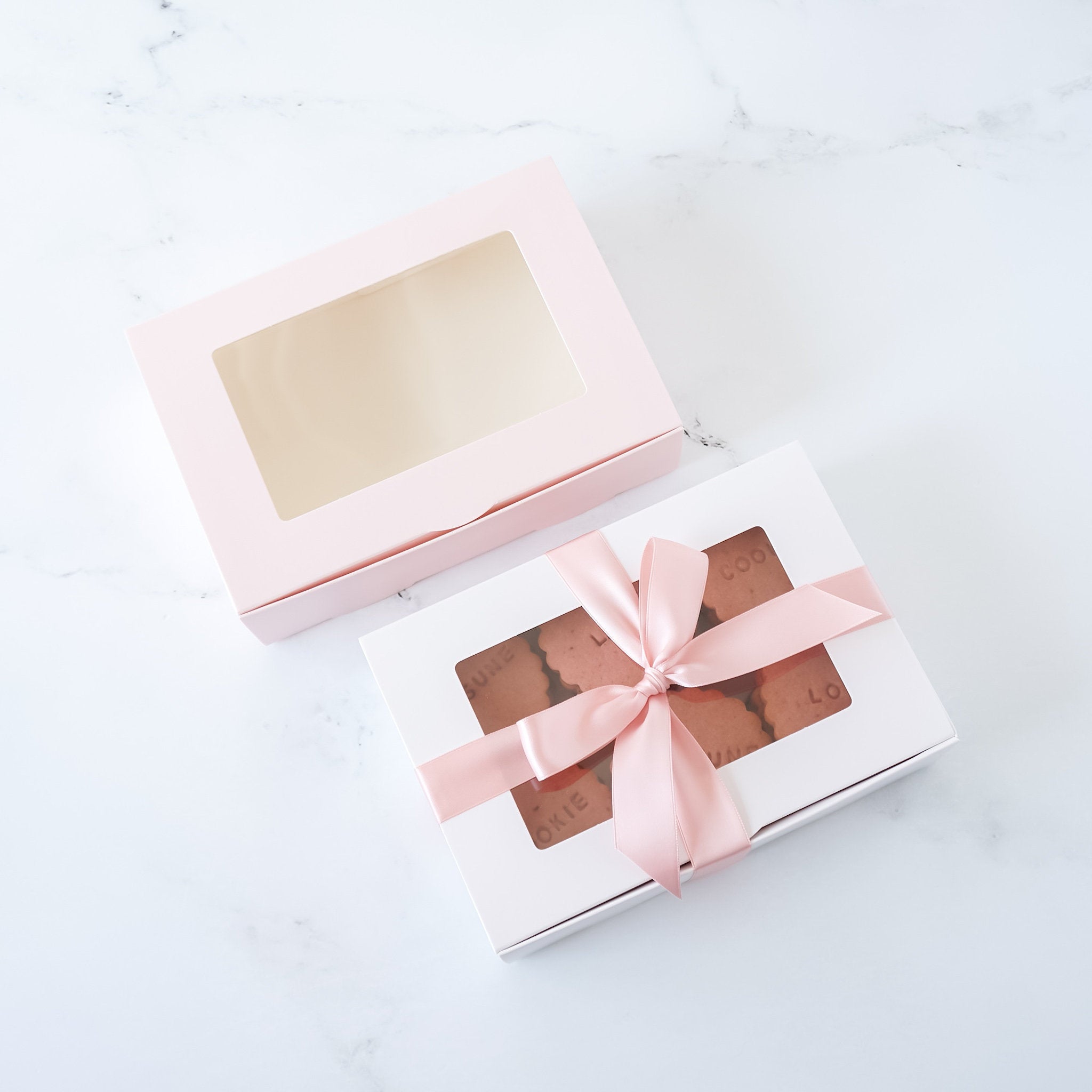 cookie boxes in white and blush pink