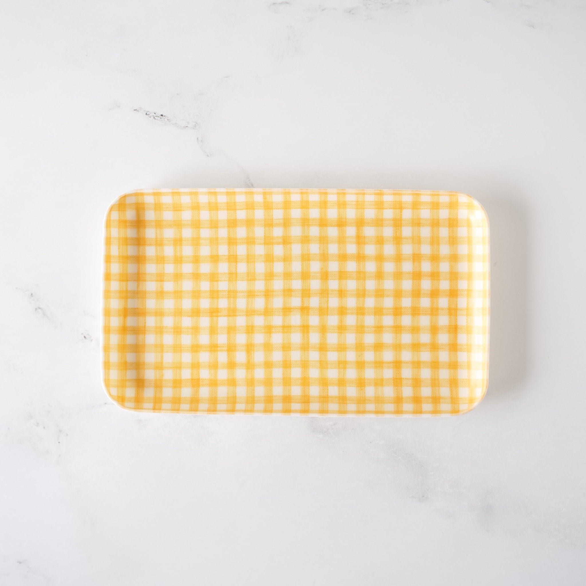 yellow white gingham check linen coated tray in small
