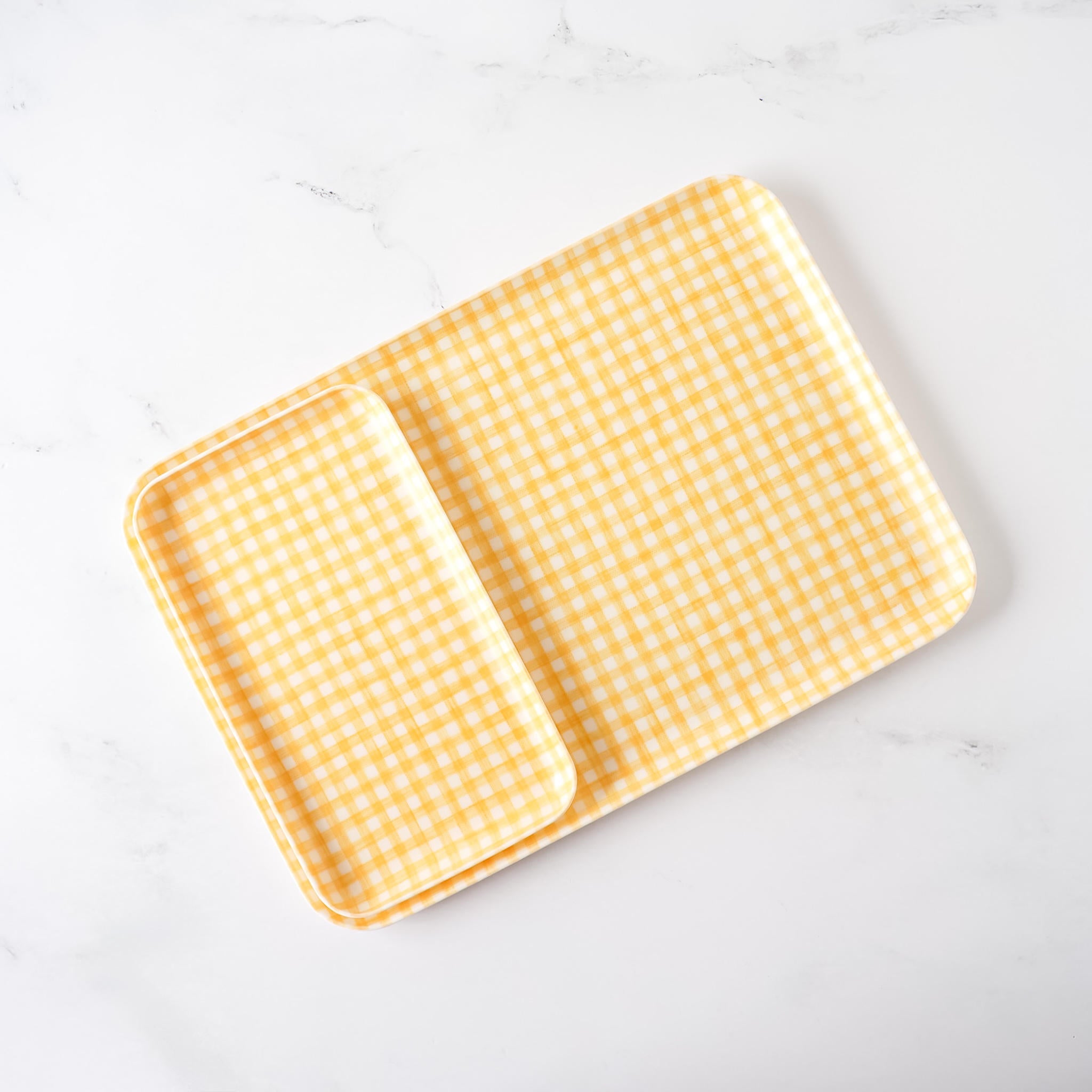 yellow white gingham check linen decorative trays in small and medium