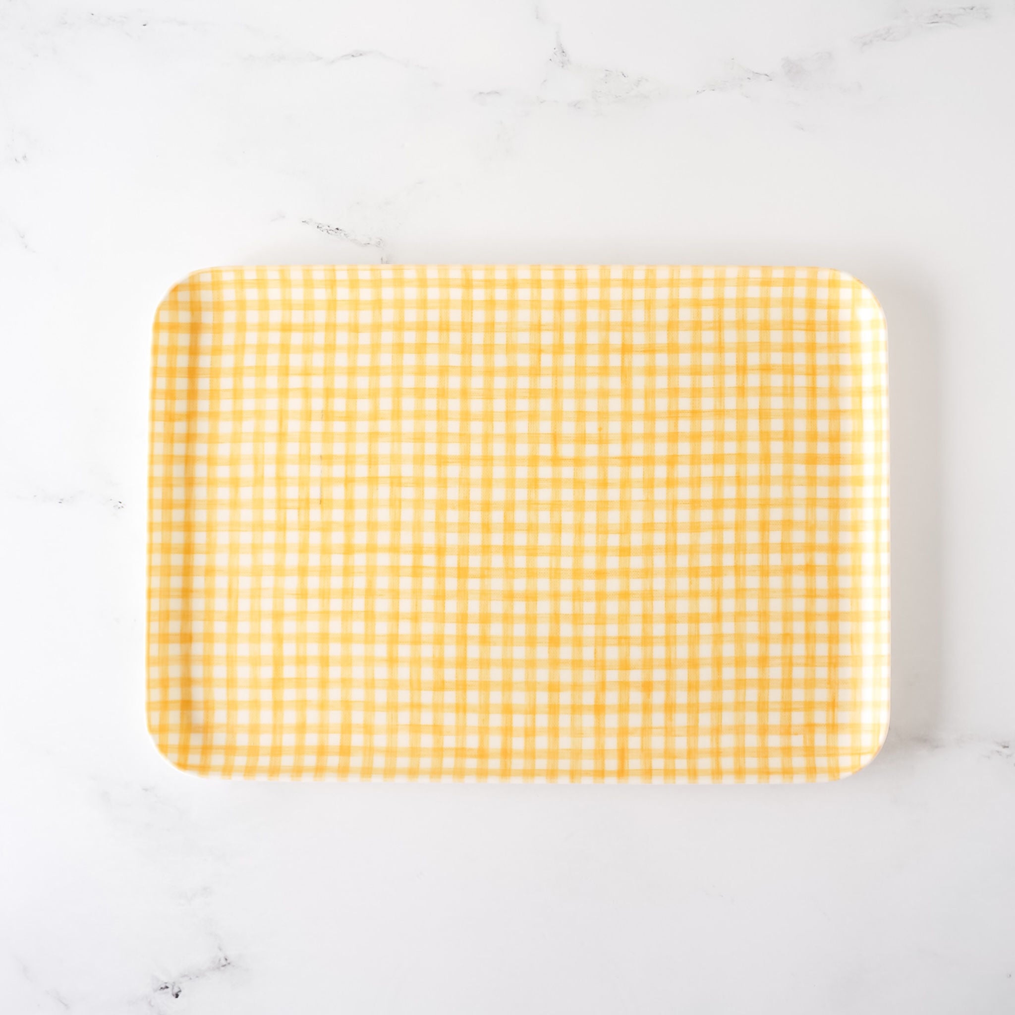 yellow white gingham check linen serving tray in medium