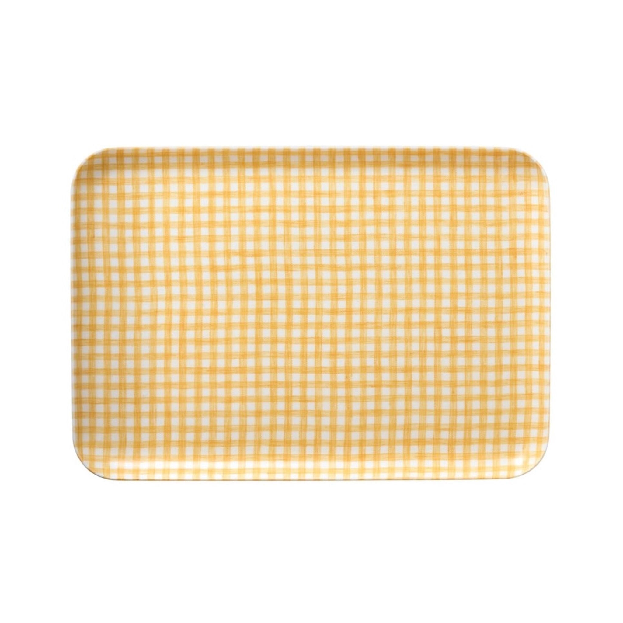yellow white gingham check linen serving tray
